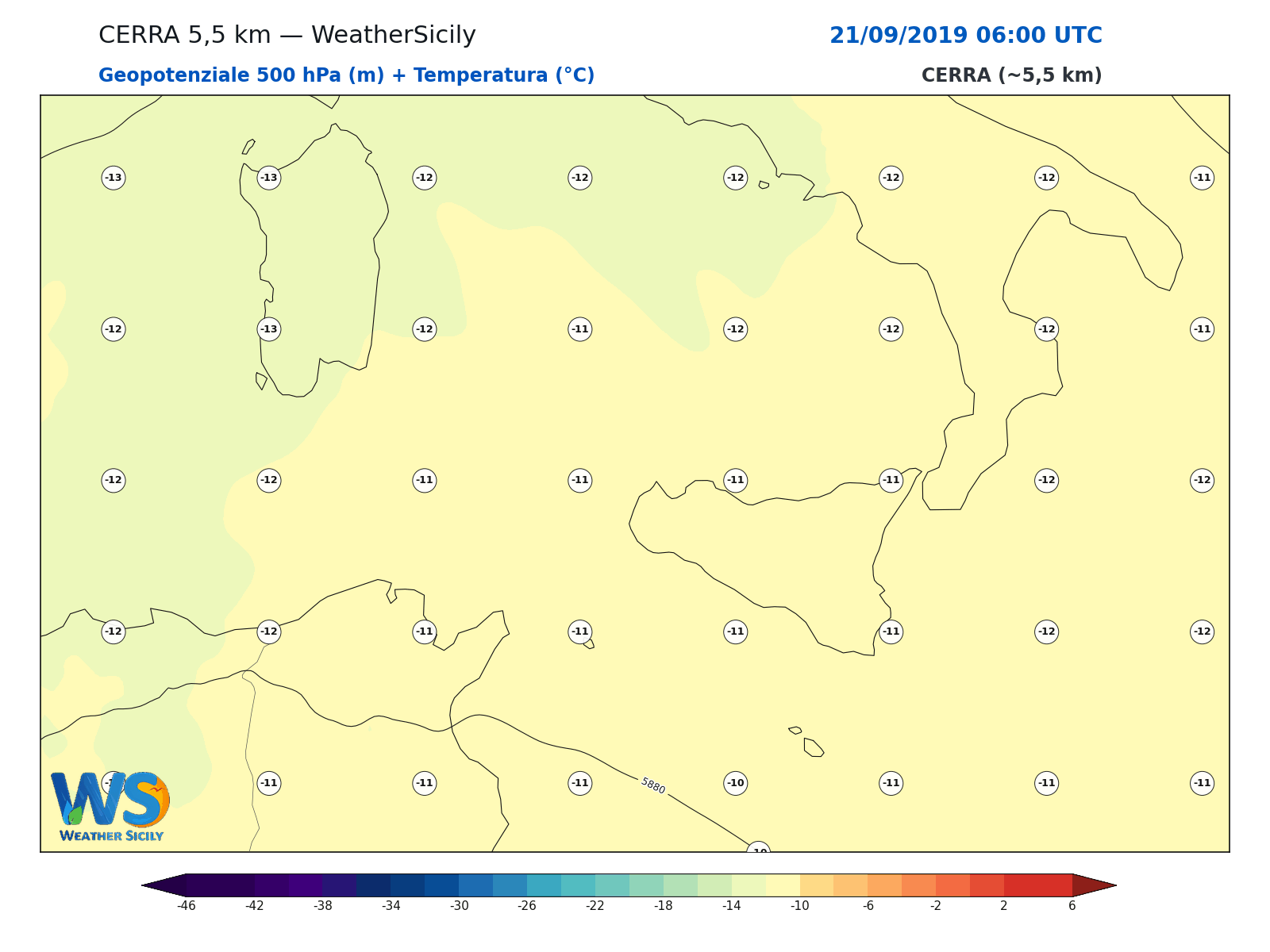 Geopotenziale 500 hPa + Temperatura · 2019092106