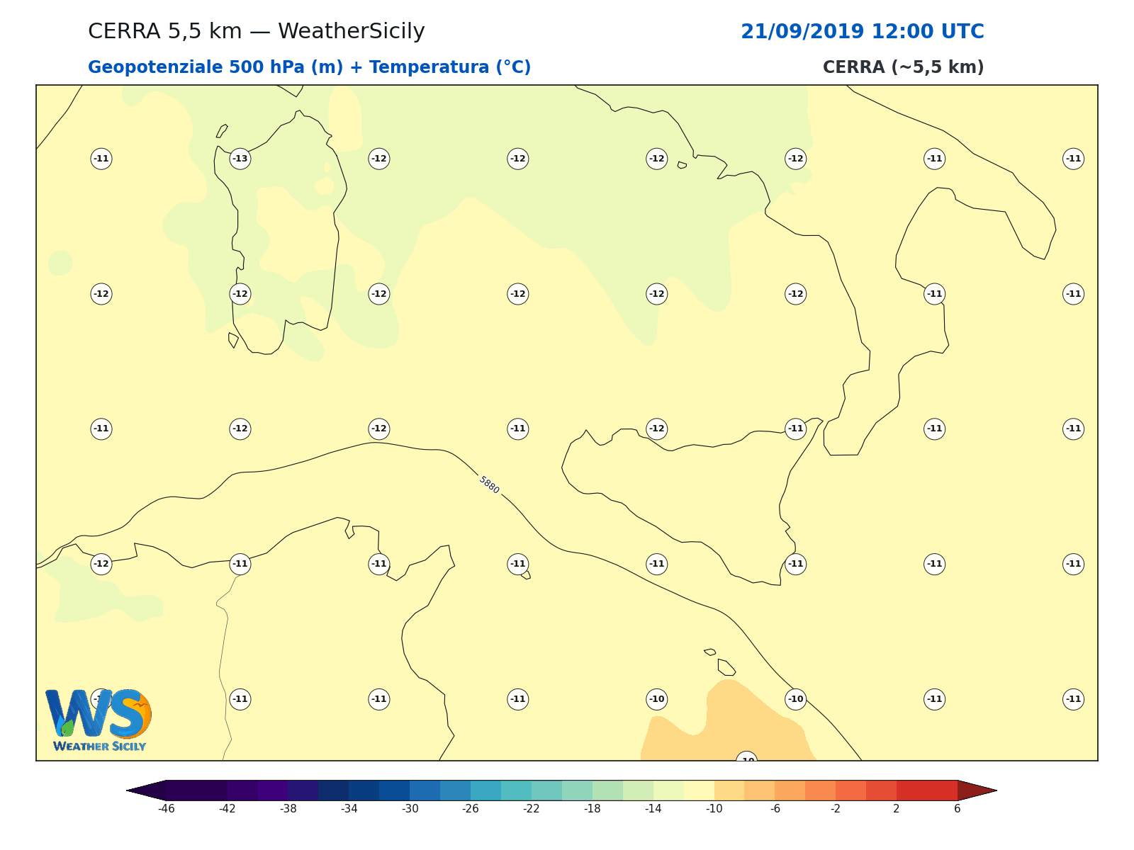 Geopotenziale 500 hPa + Temperatura · 2019092112