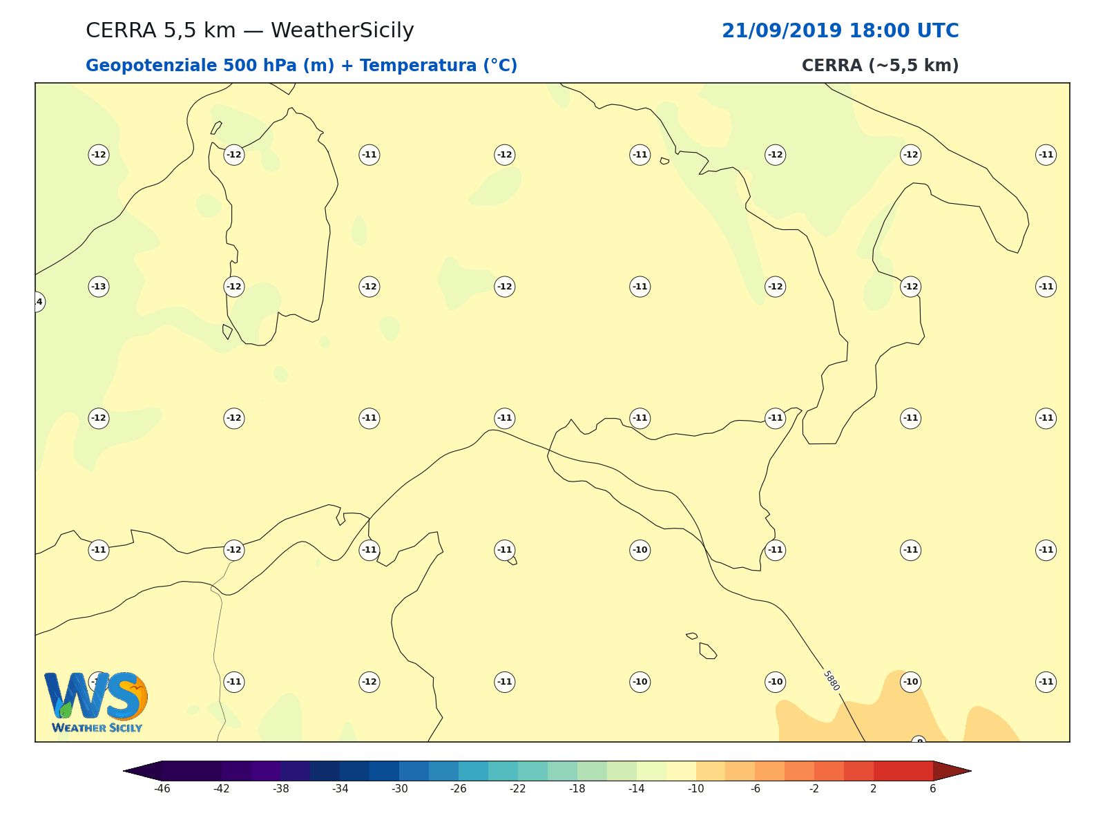 Geopotenziale 500 hPa + Temperatura · 2019092118