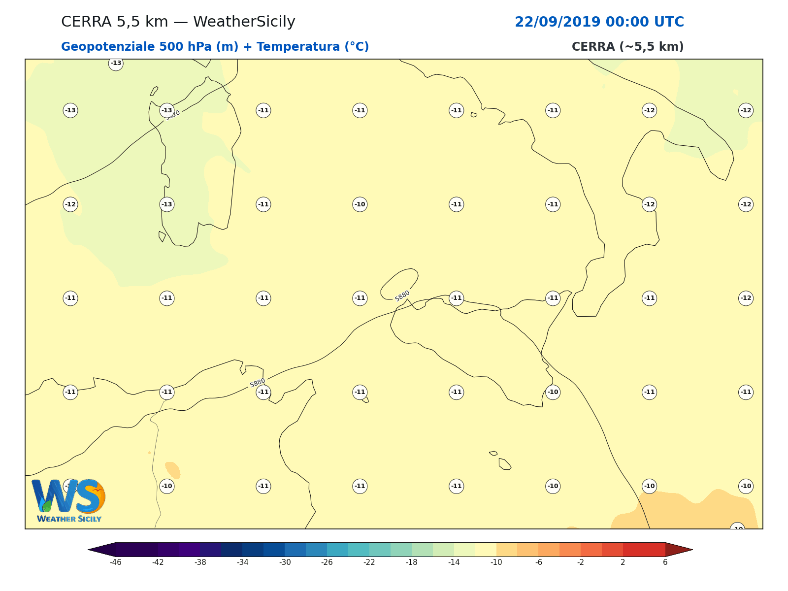 Geopotenziale 500 hPa + Temperatura · 2019092200