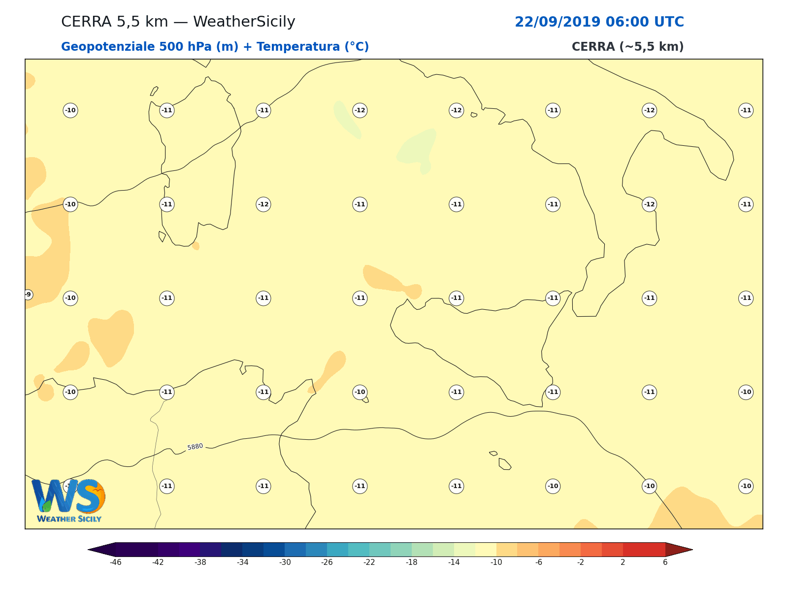 Geopotenziale 500 hPa + Temperatura · 2019092206
