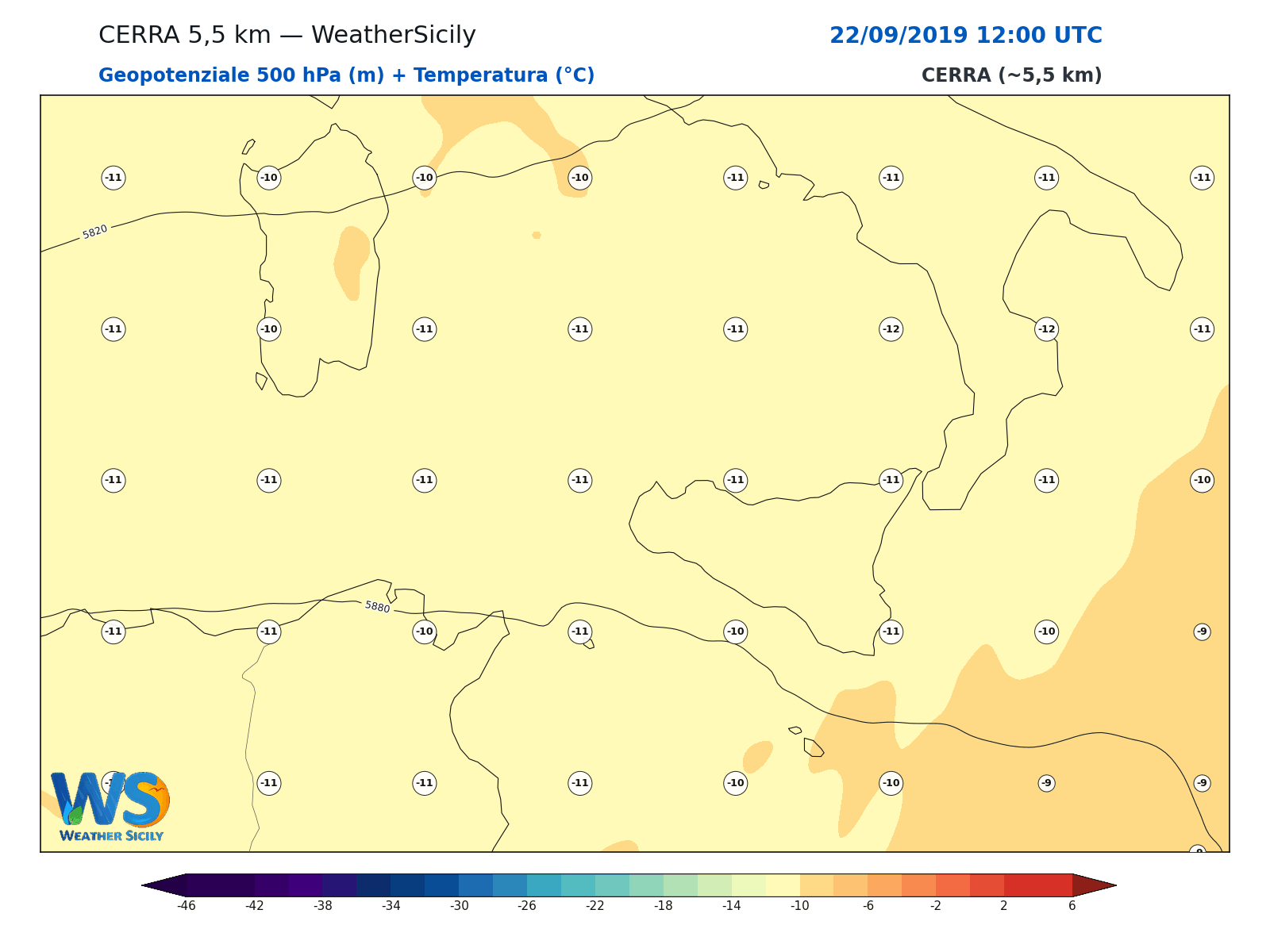 Geopotenziale 500 hPa + Temperatura · 2019092212