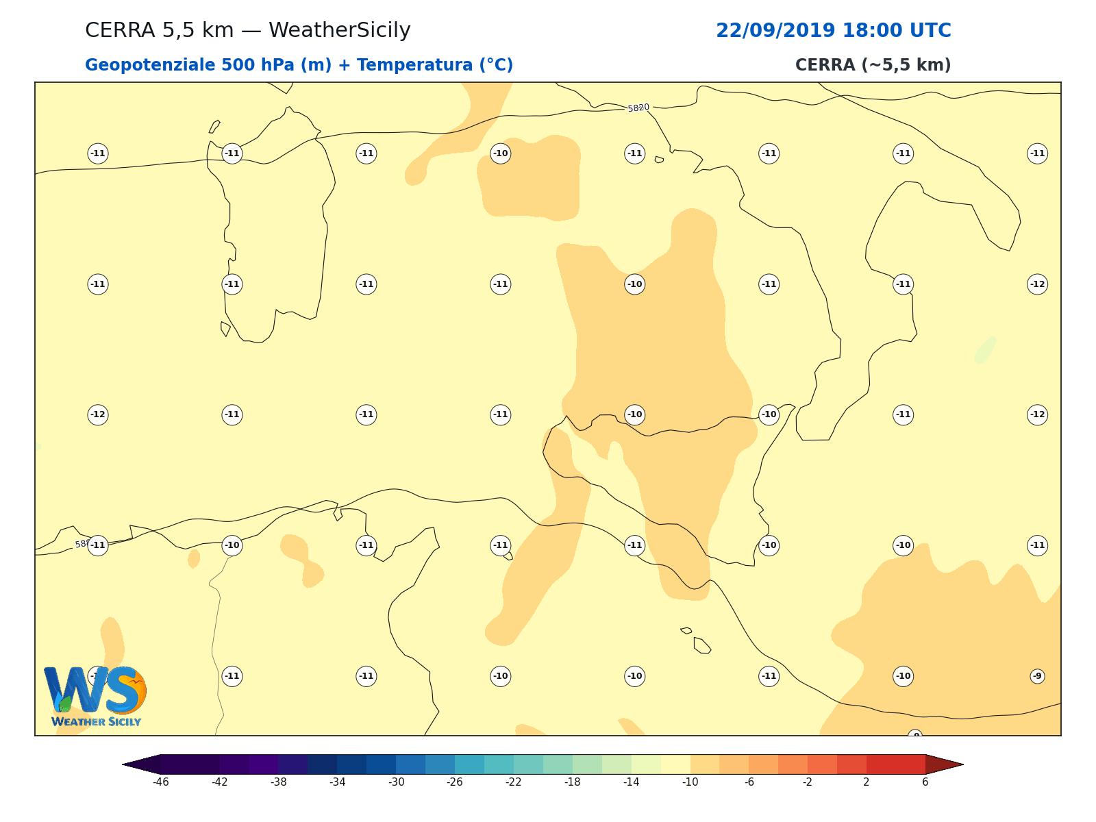 Geopotenziale 500 hPa + Temperatura · 2019092218