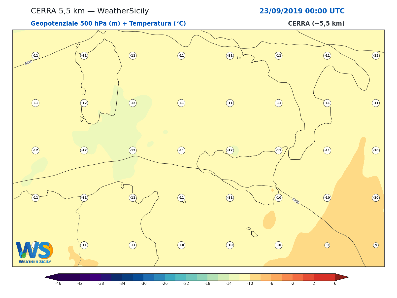 Geopotenziale 500 hPa + Temperatura · 2019092300