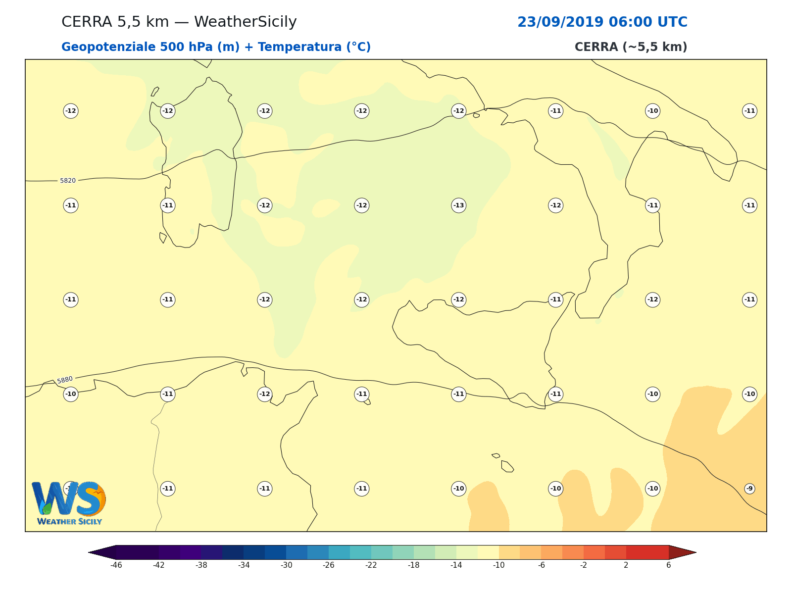 Geopotenziale 500 hPa + Temperatura · 2019092306
