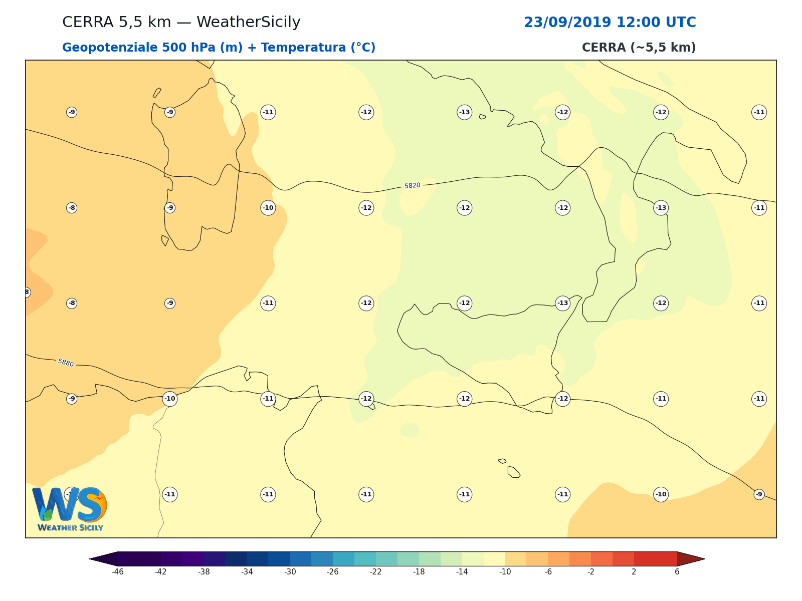 Geopotenziale 500 hPa + Temperatura · 2019092312