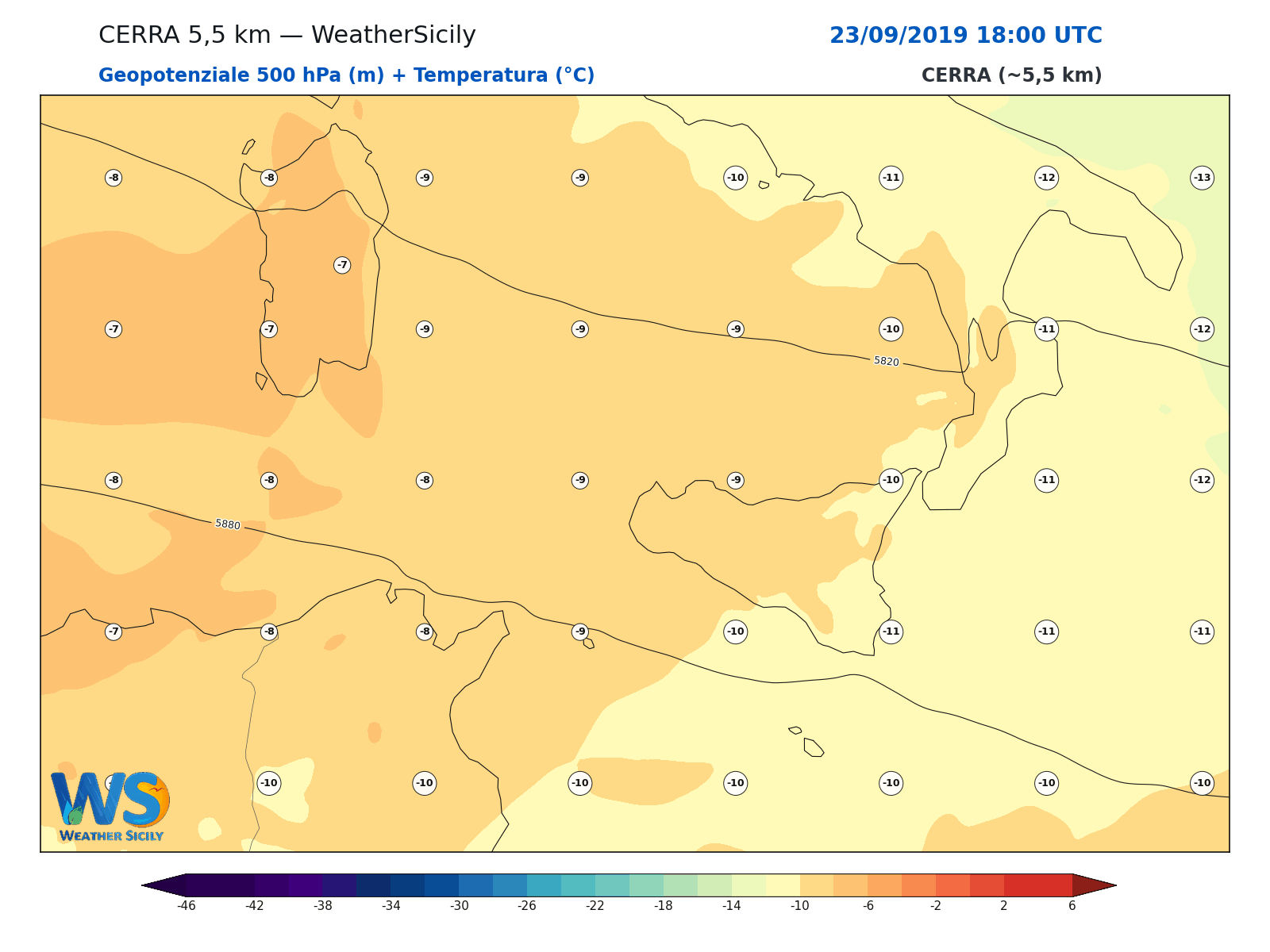 Geopotenziale 500 hPa + Temperatura · 2019092318