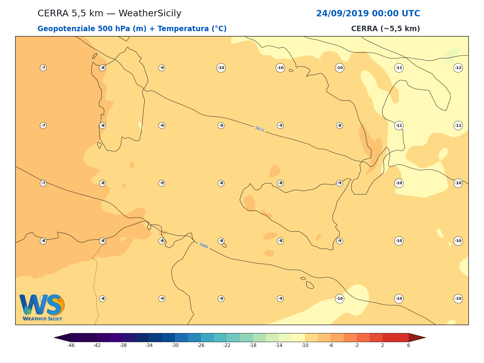 Geopotenziale 500 hPa + Temperatura · 2019092400