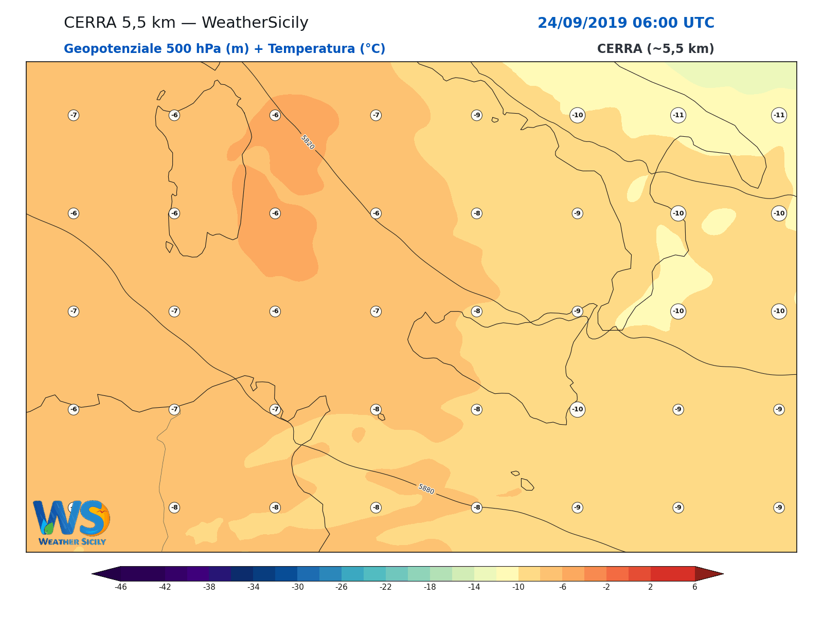Geopotenziale 500 hPa + Temperatura · 2019092406