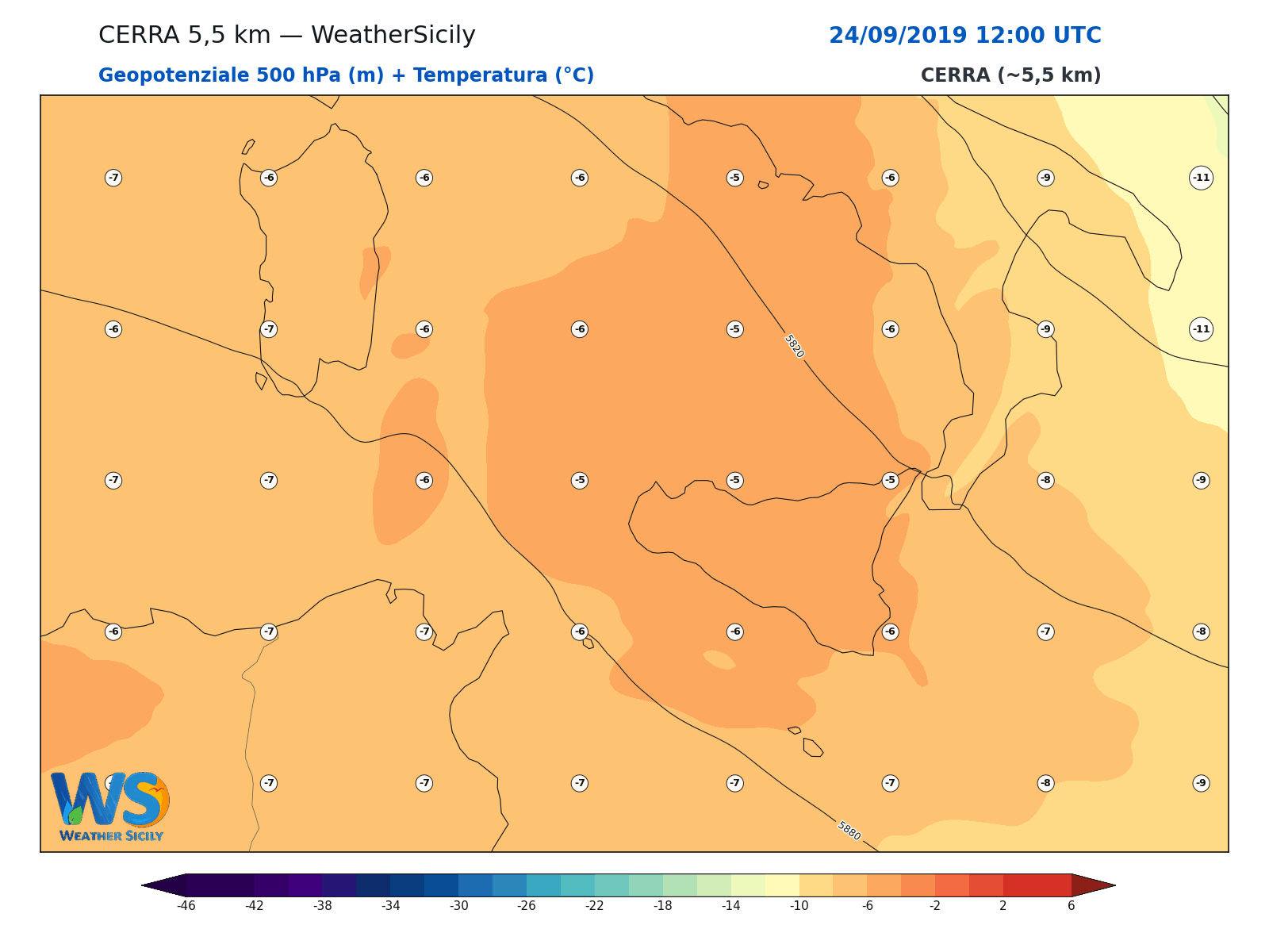 Geopotenziale 500 hPa + Temperatura · 2019092412