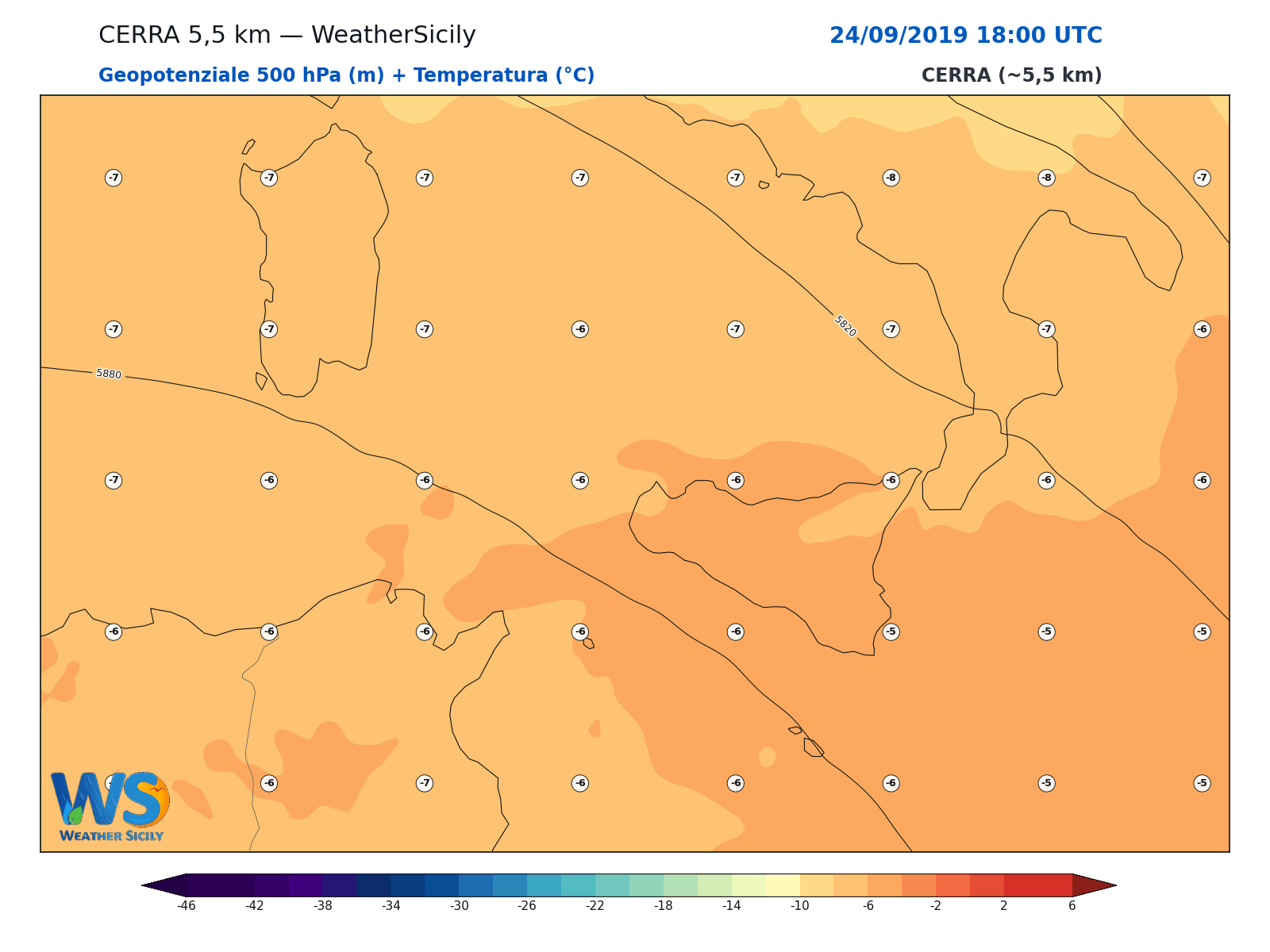 Geopotenziale 500 hPa + Temperatura · 2019092418
