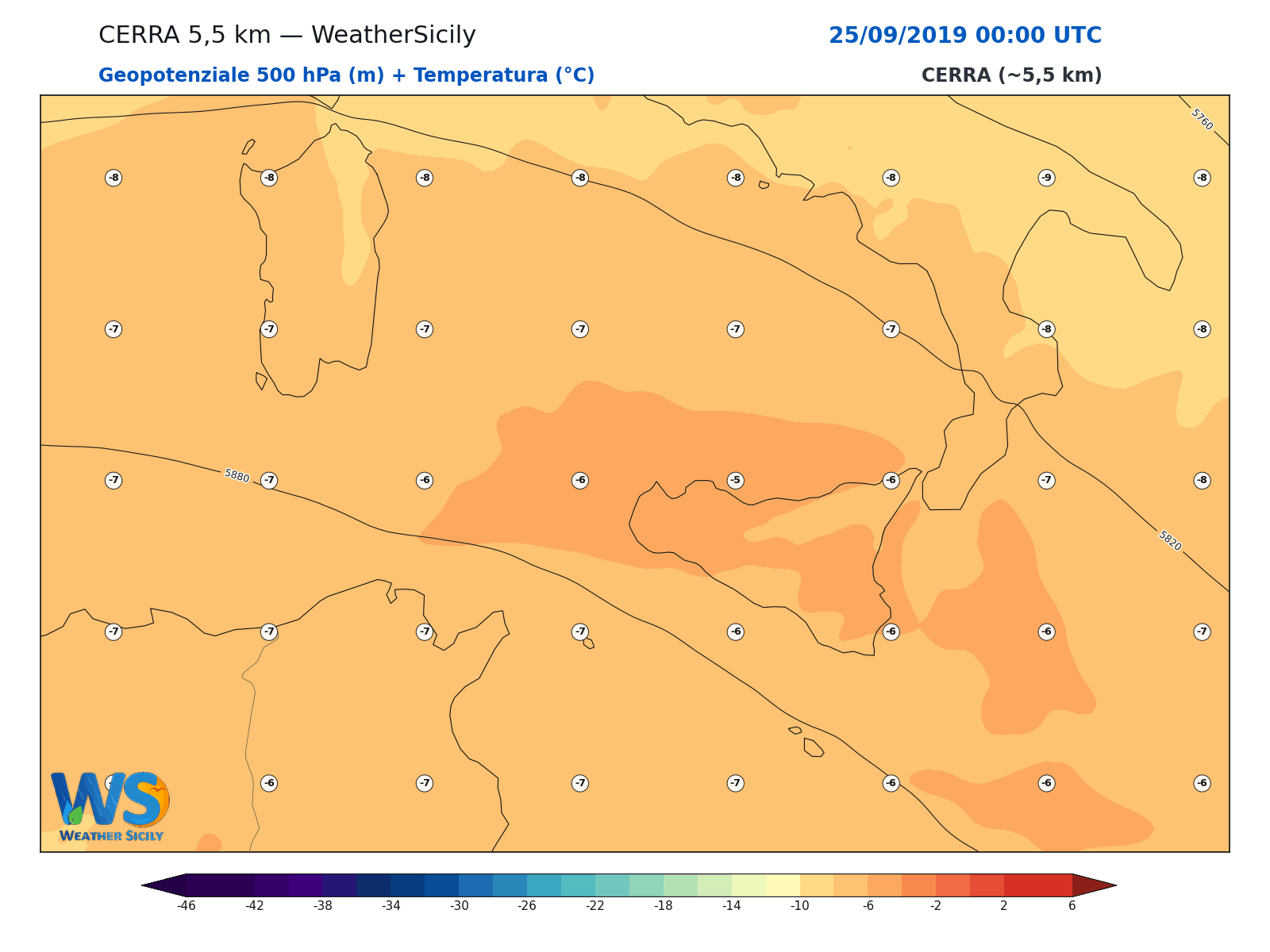 Geopotenziale 500 hPa + Temperatura · 2019092500