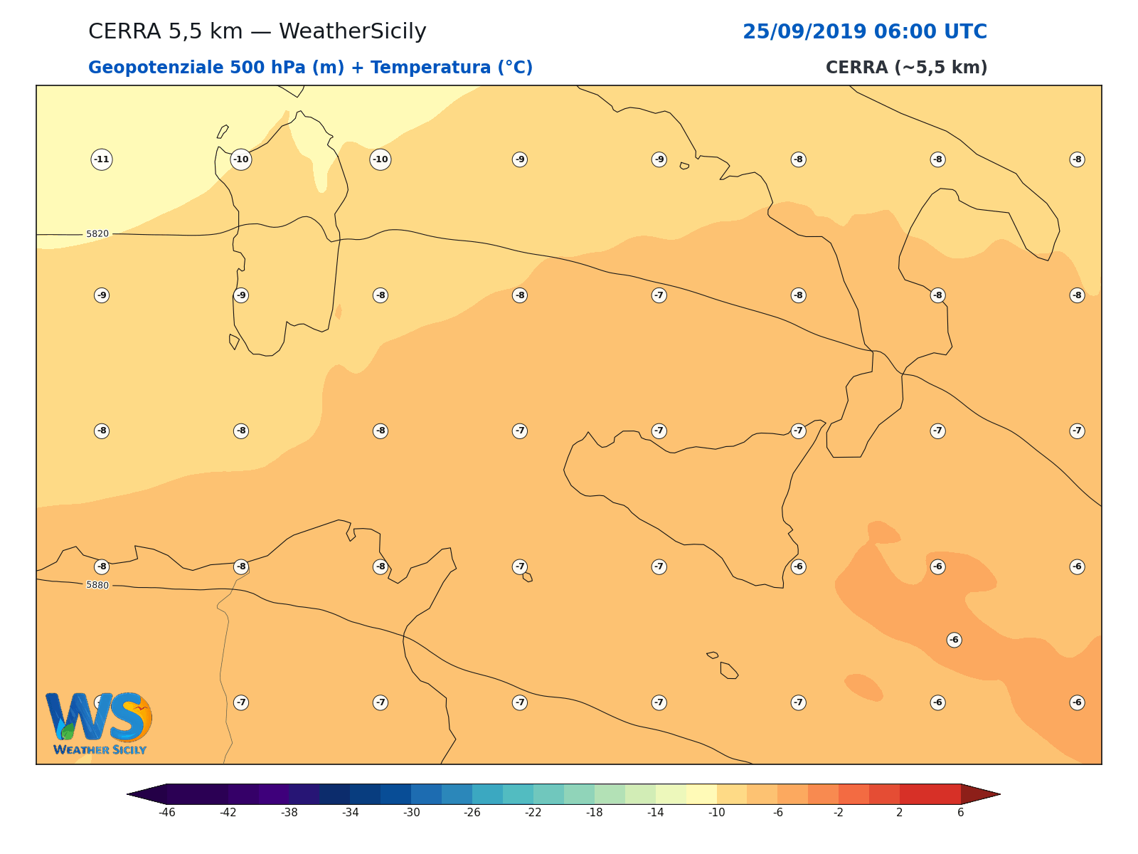 Geopotenziale 500 hPa + Temperatura · 2019092506