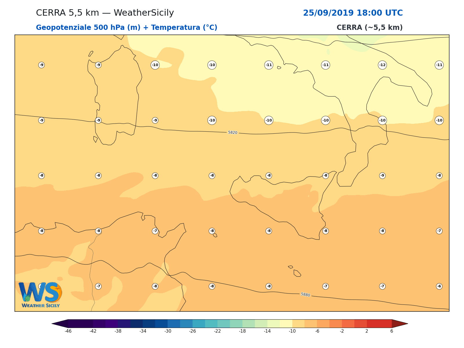 Geopotenziale 500 hPa + Temperatura · 2019092518