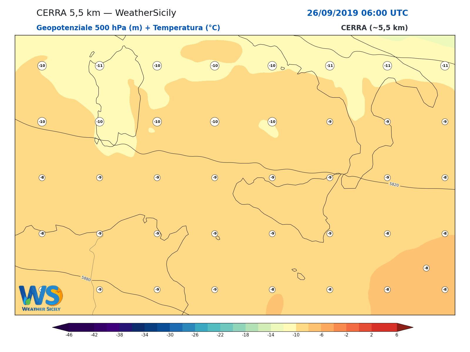 Geopotenziale 500 hPa + Temperatura · 2019092606