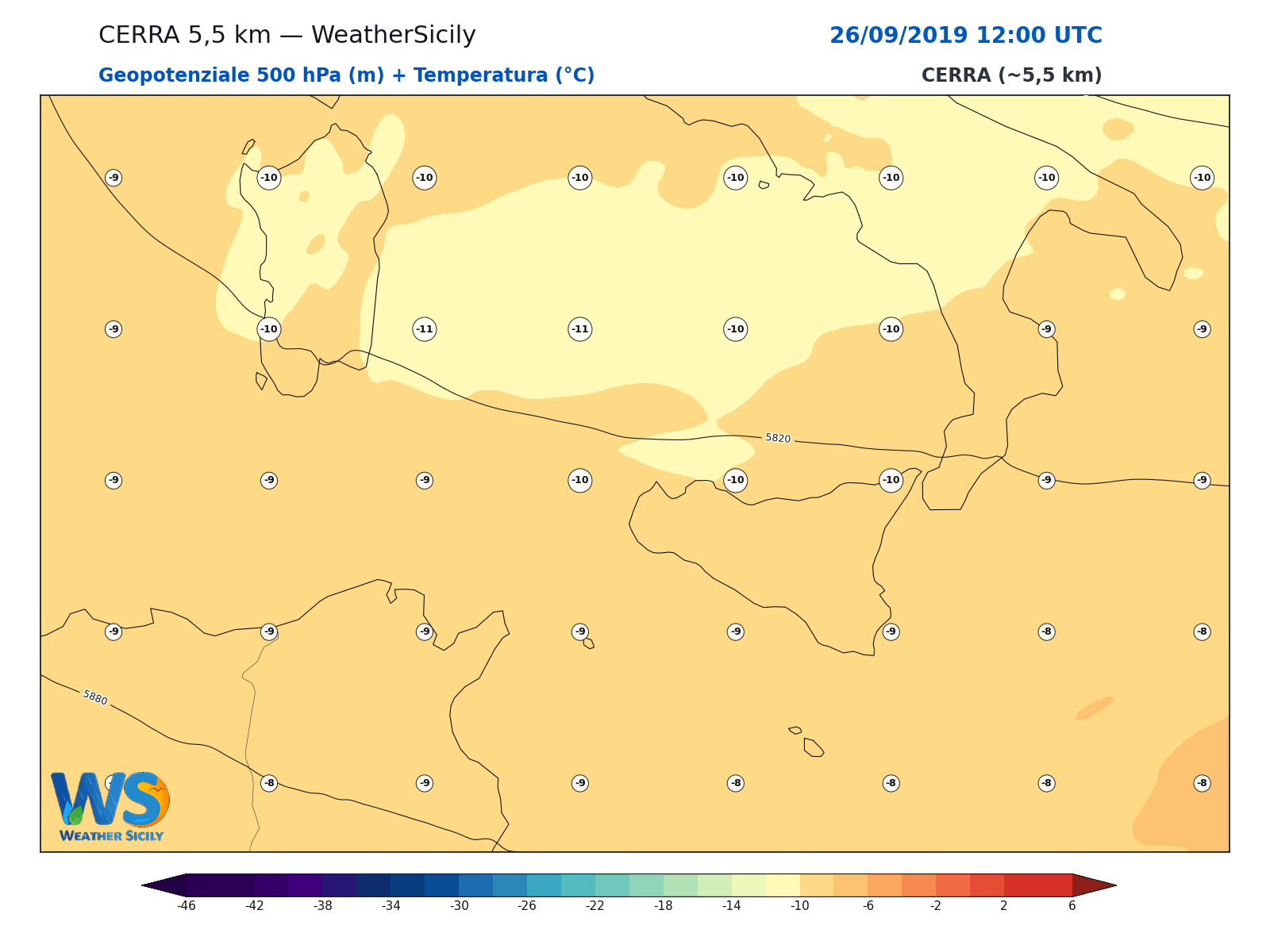 Geopotenziale 500 hPa + Temperatura · 2019092612