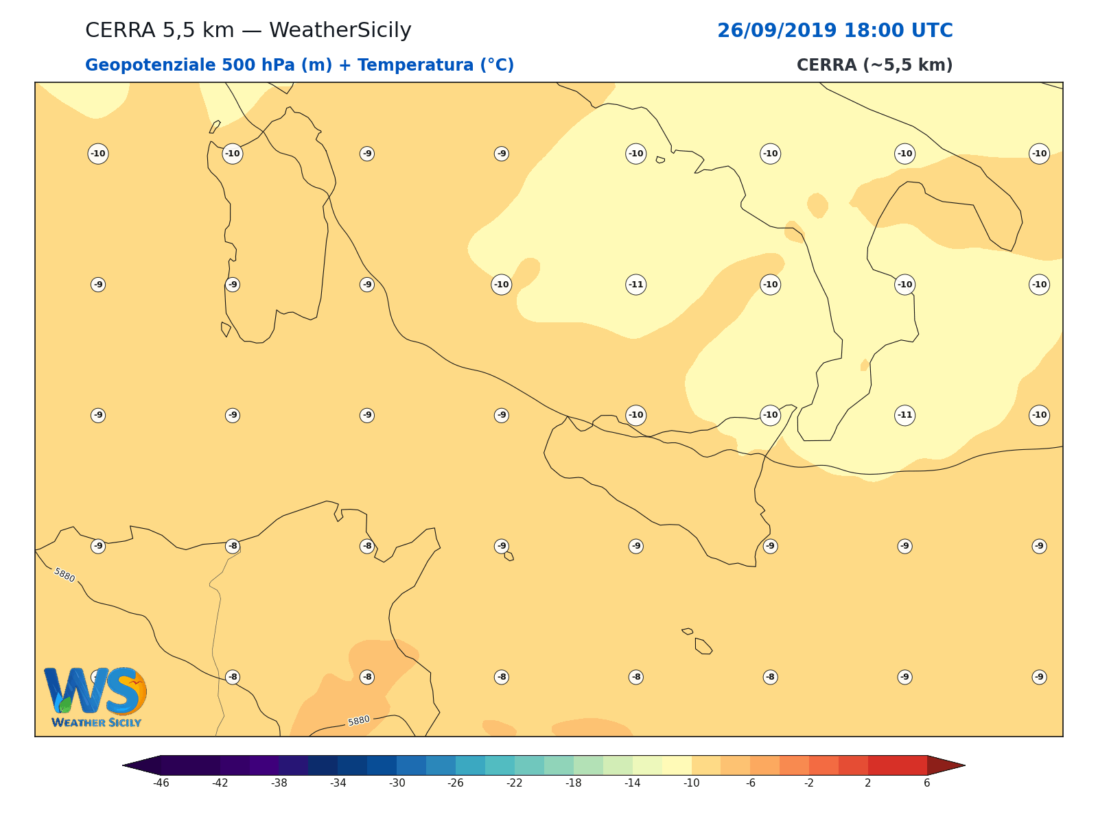 Geopotenziale 500 hPa + Temperatura · 2019092618