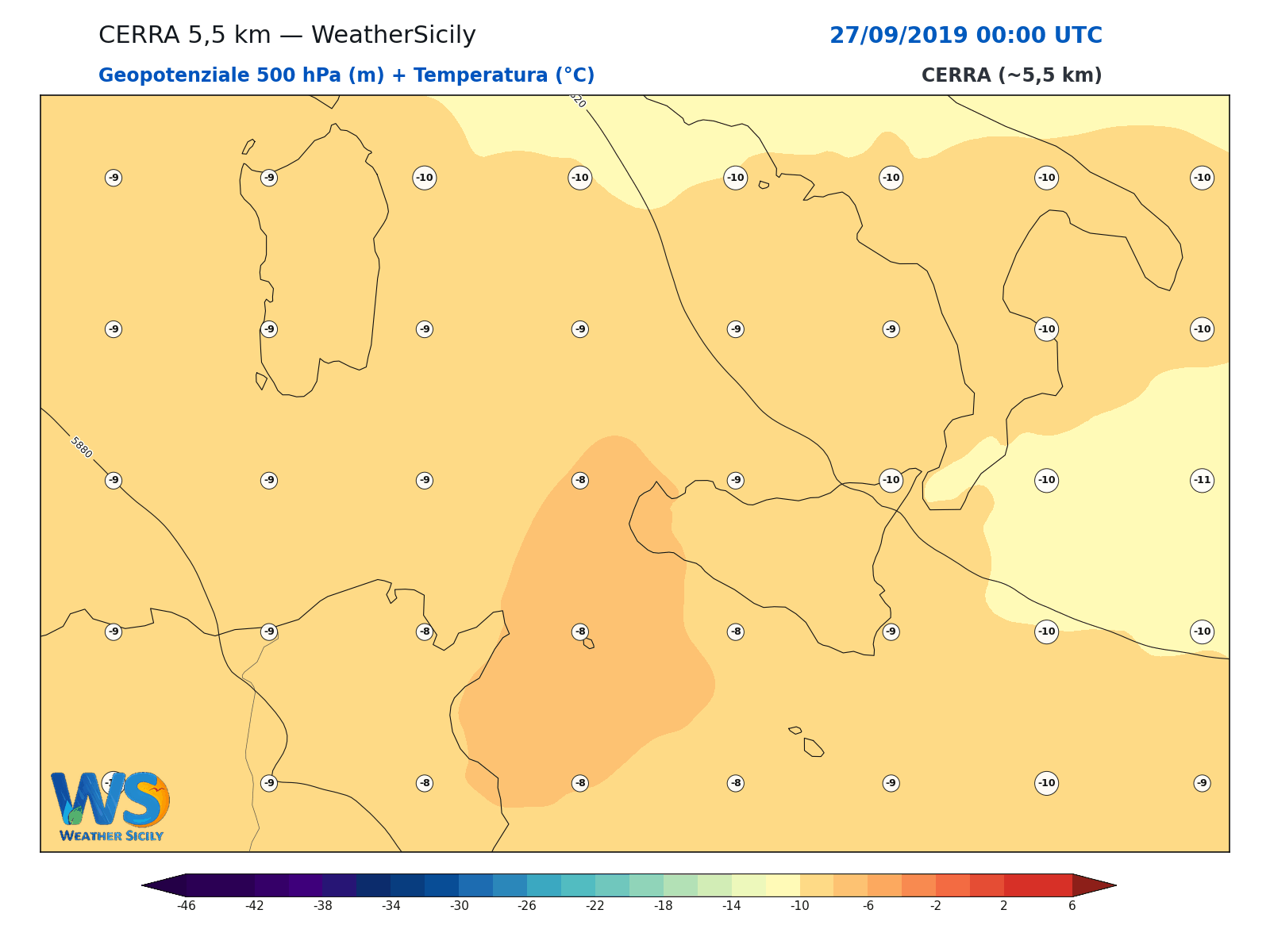 Geopotenziale 500 hPa + Temperatura · 2019092700
