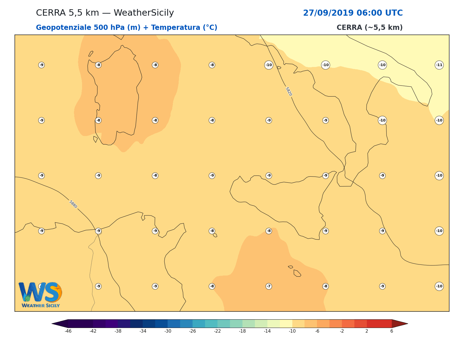 Geopotenziale 500 hPa + Temperatura · 2019092706