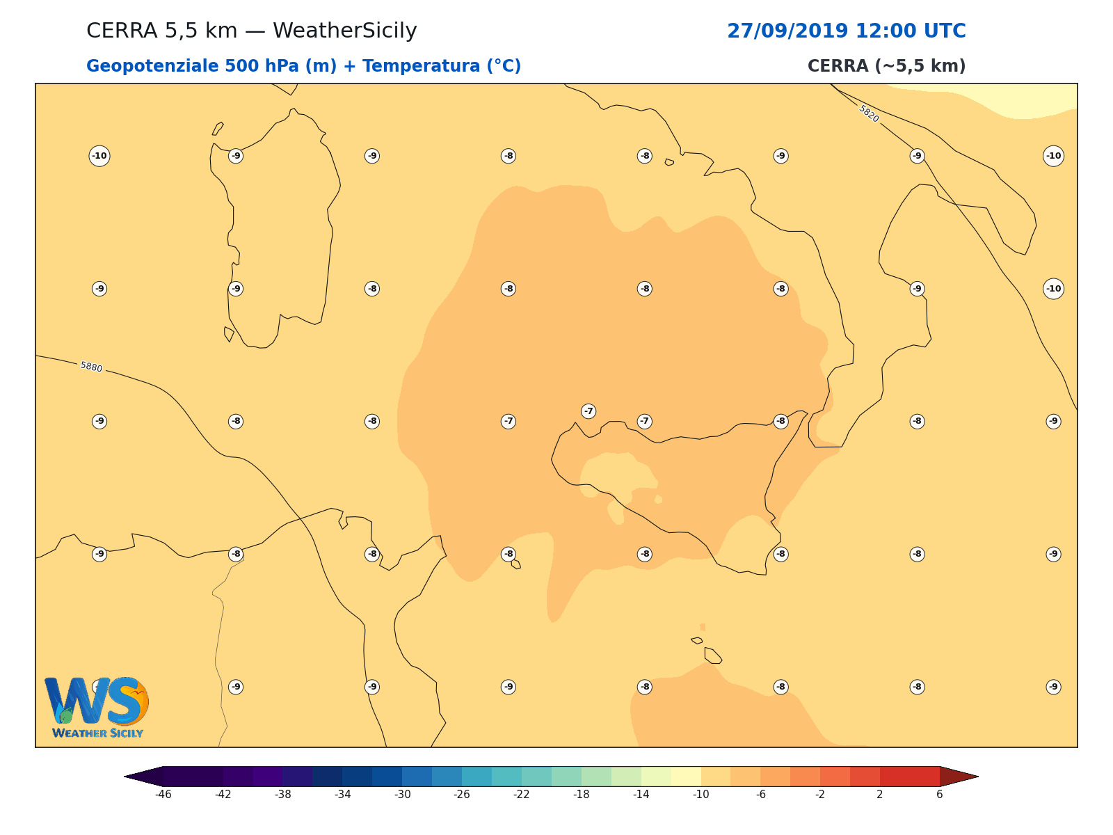 Geopotenziale 500 hPa + Temperatura · 2019092712