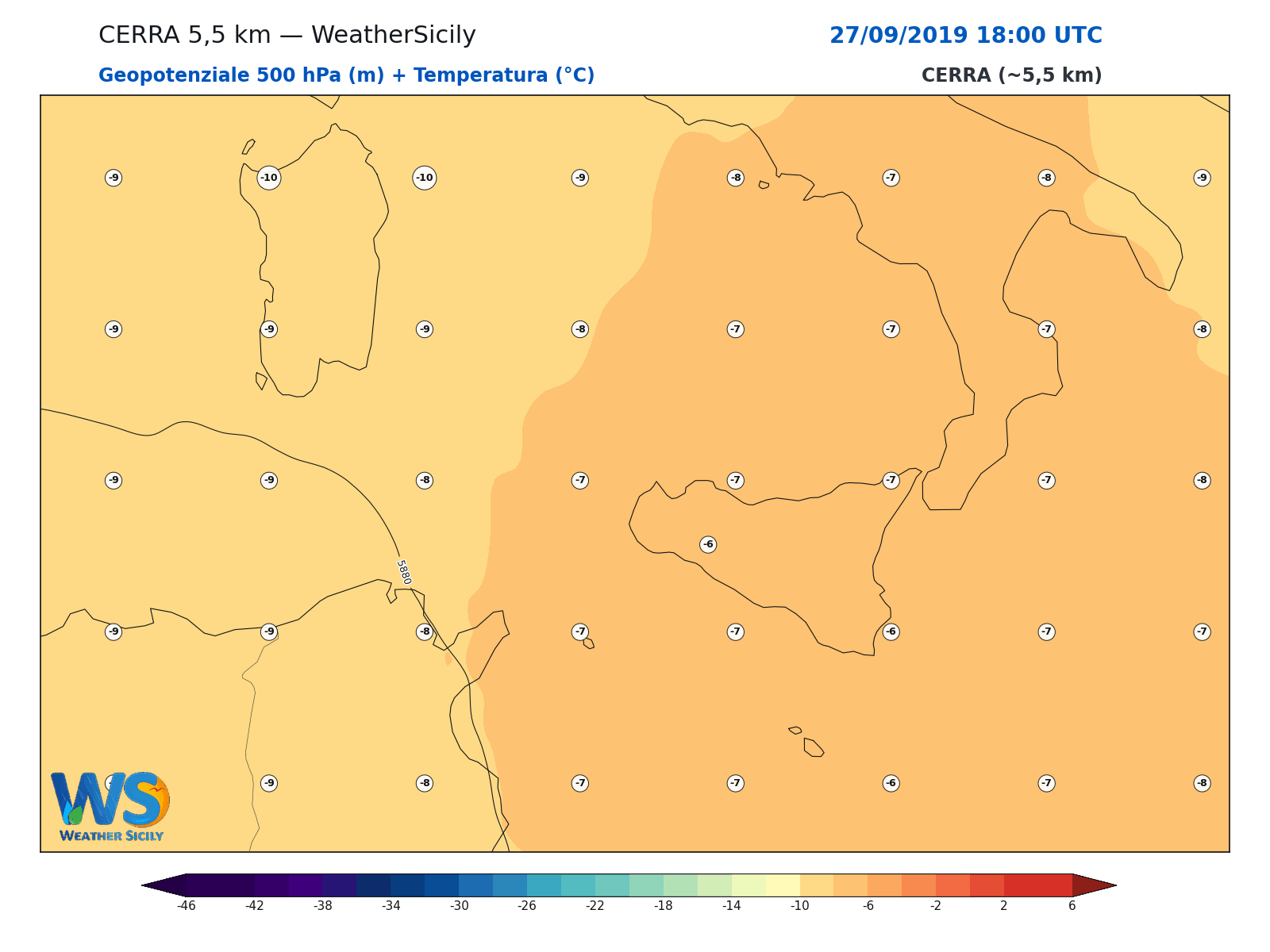 Geopotenziale 500 hPa + Temperatura · 2019092718