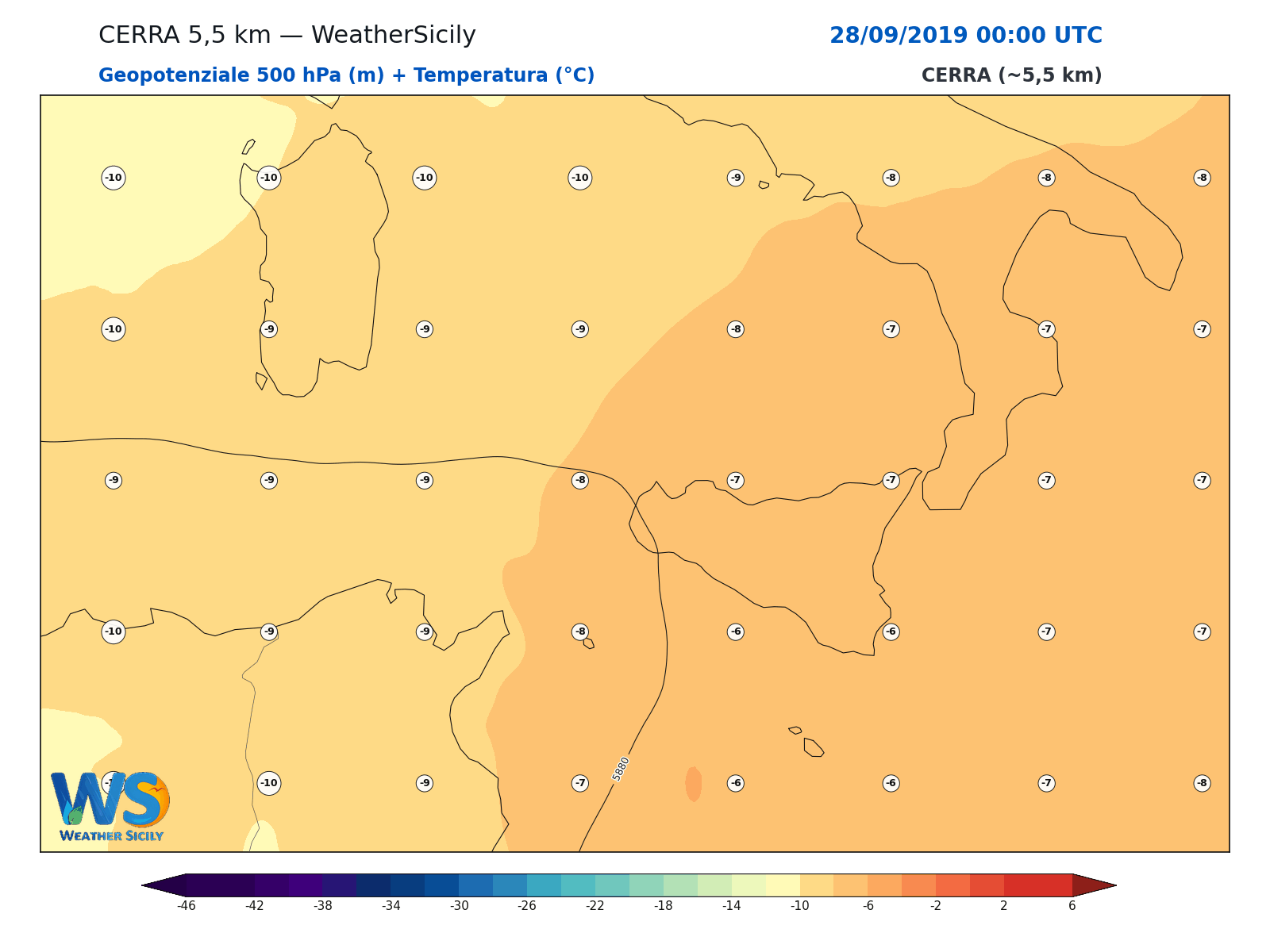 Geopotenziale 500 hPa + Temperatura · 2019092800
