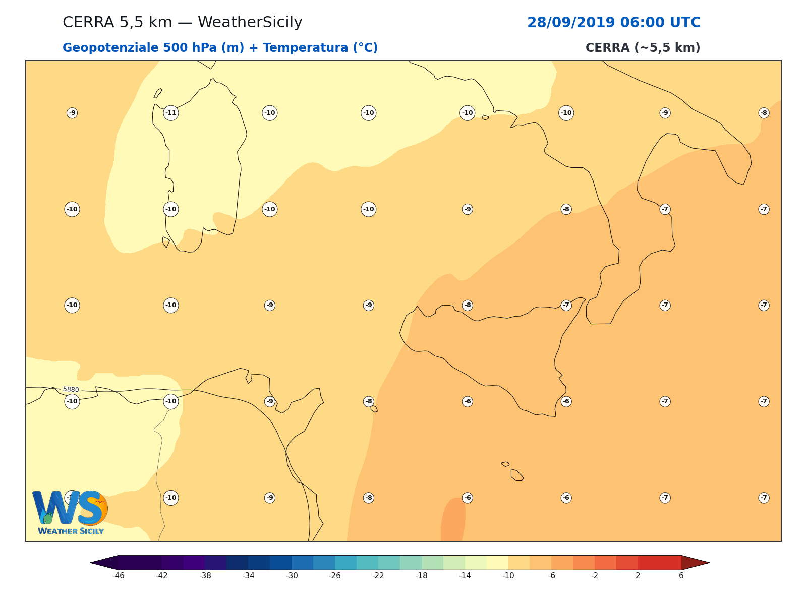 Geopotenziale 500 hPa + Temperatura · 2019092806