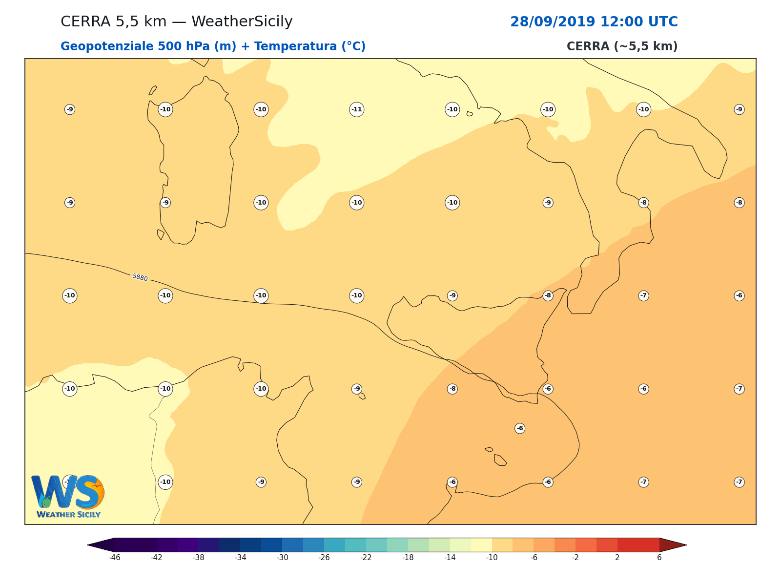 Geopotenziale 500 hPa + Temperatura · 2019092812