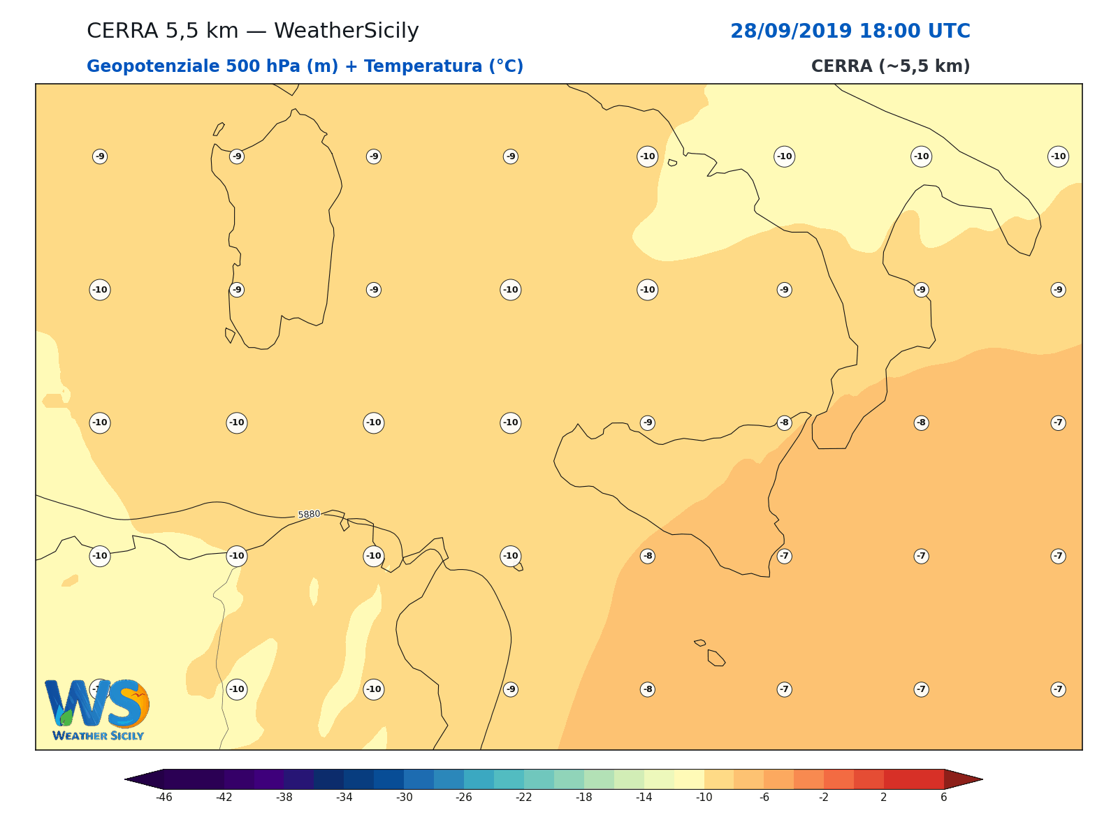 Geopotenziale 500 hPa + Temperatura · 2019092818