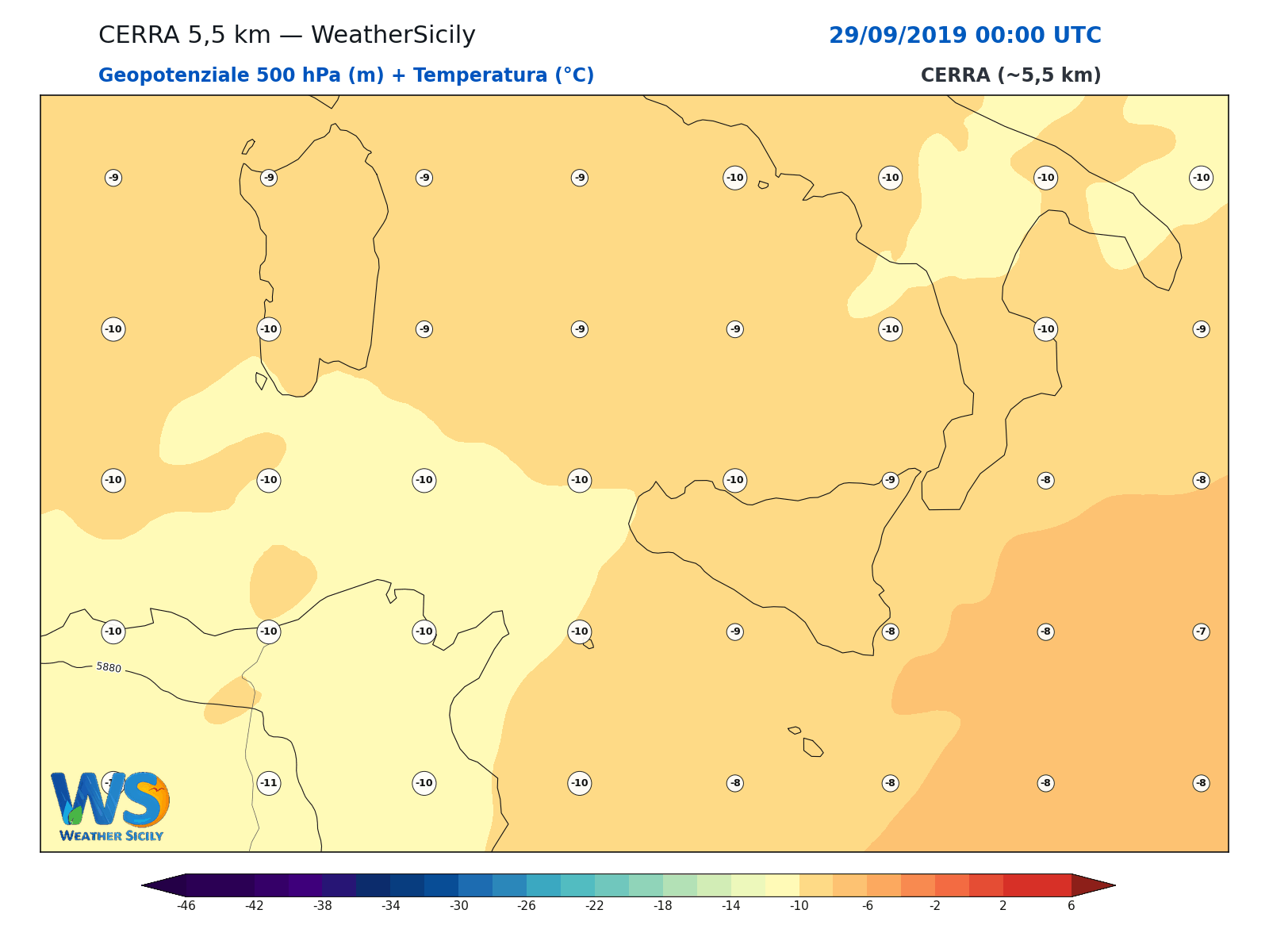 Geopotenziale 500 hPa + Temperatura · 2019092900