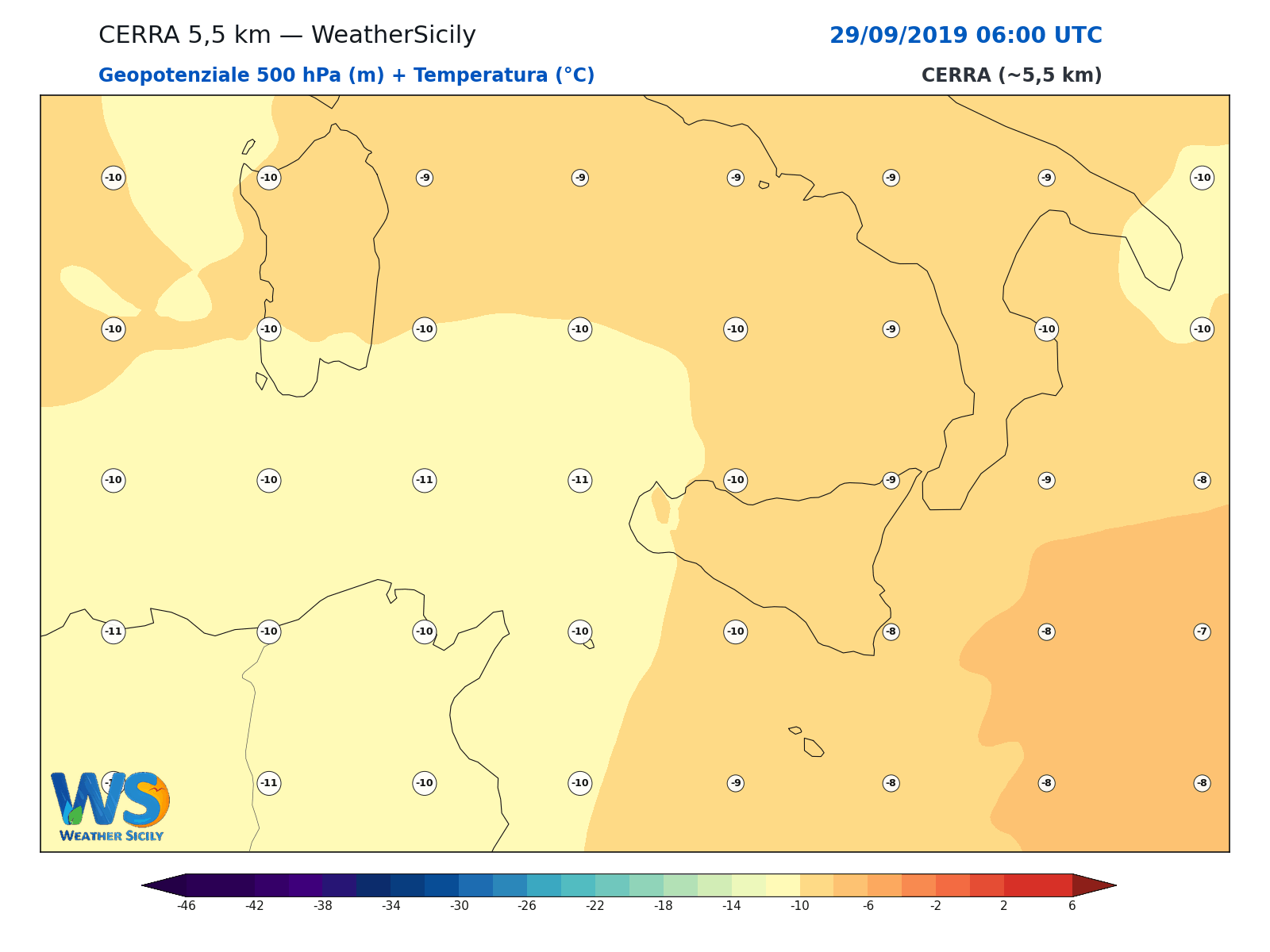 Geopotenziale 500 hPa + Temperatura · 2019092906