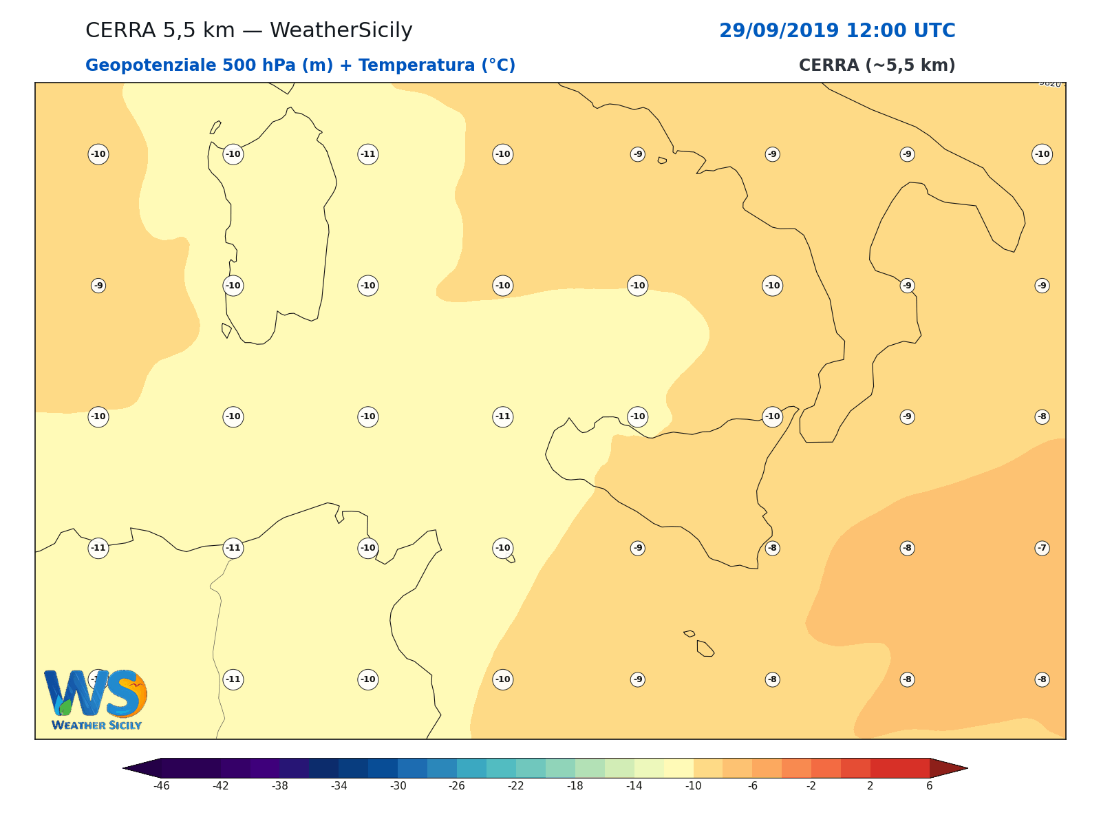 Geopotenziale 500 hPa + Temperatura · 2019092912