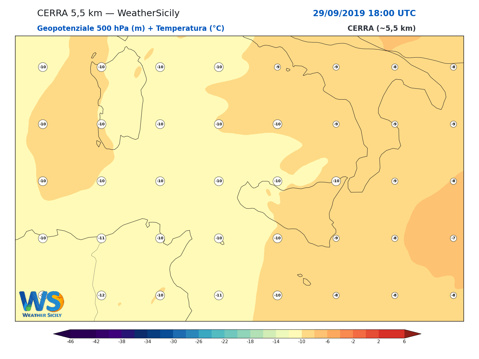 Geopotenziale 500 hPa + Temperatura · 2019092918