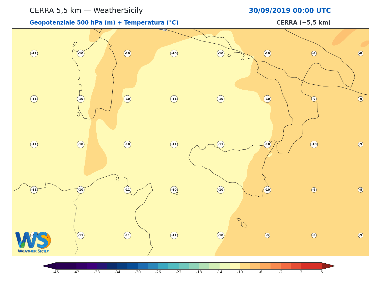 Geopotenziale 500 hPa + Temperatura · 2019093000