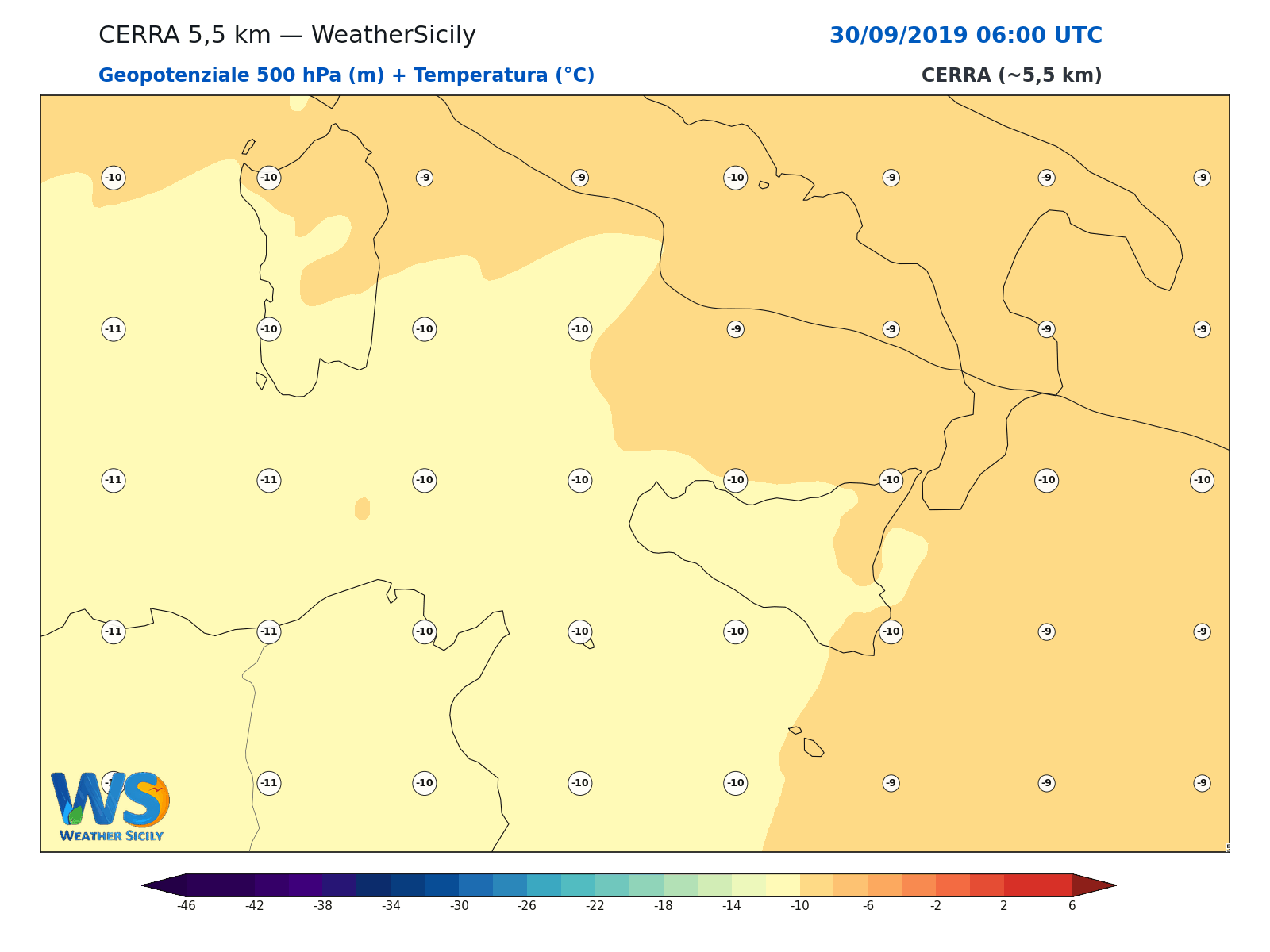 Geopotenziale 500 hPa + Temperatura · 2019093006