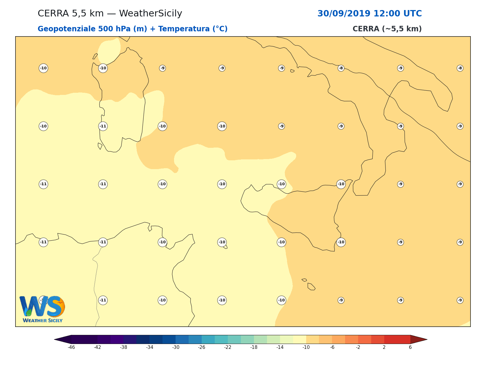 Geopotenziale 500 hPa + Temperatura · 2019093012