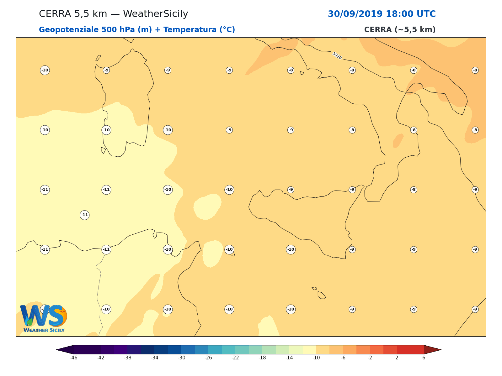 Geopotenziale 500 hPa + Temperatura · 2019093018