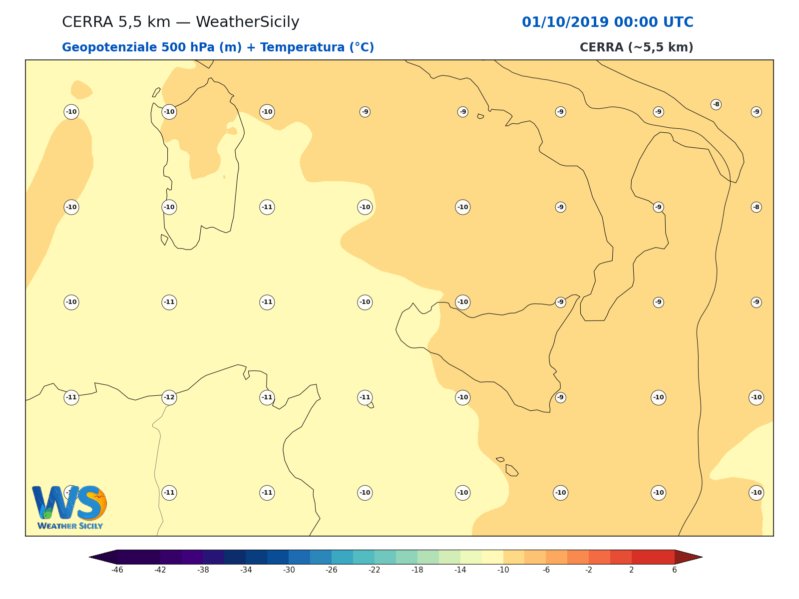 Geopotenziale 500 hPa + Temperatura · 2019100100