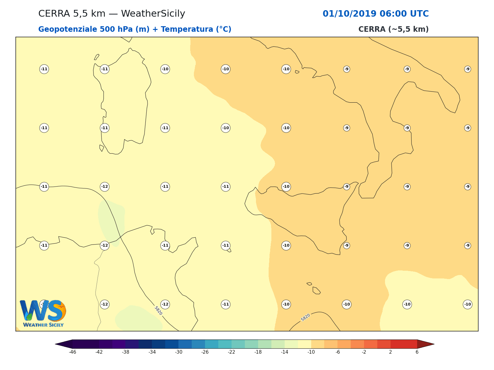 Geopotenziale 500 hPa + Temperatura · 2019100106