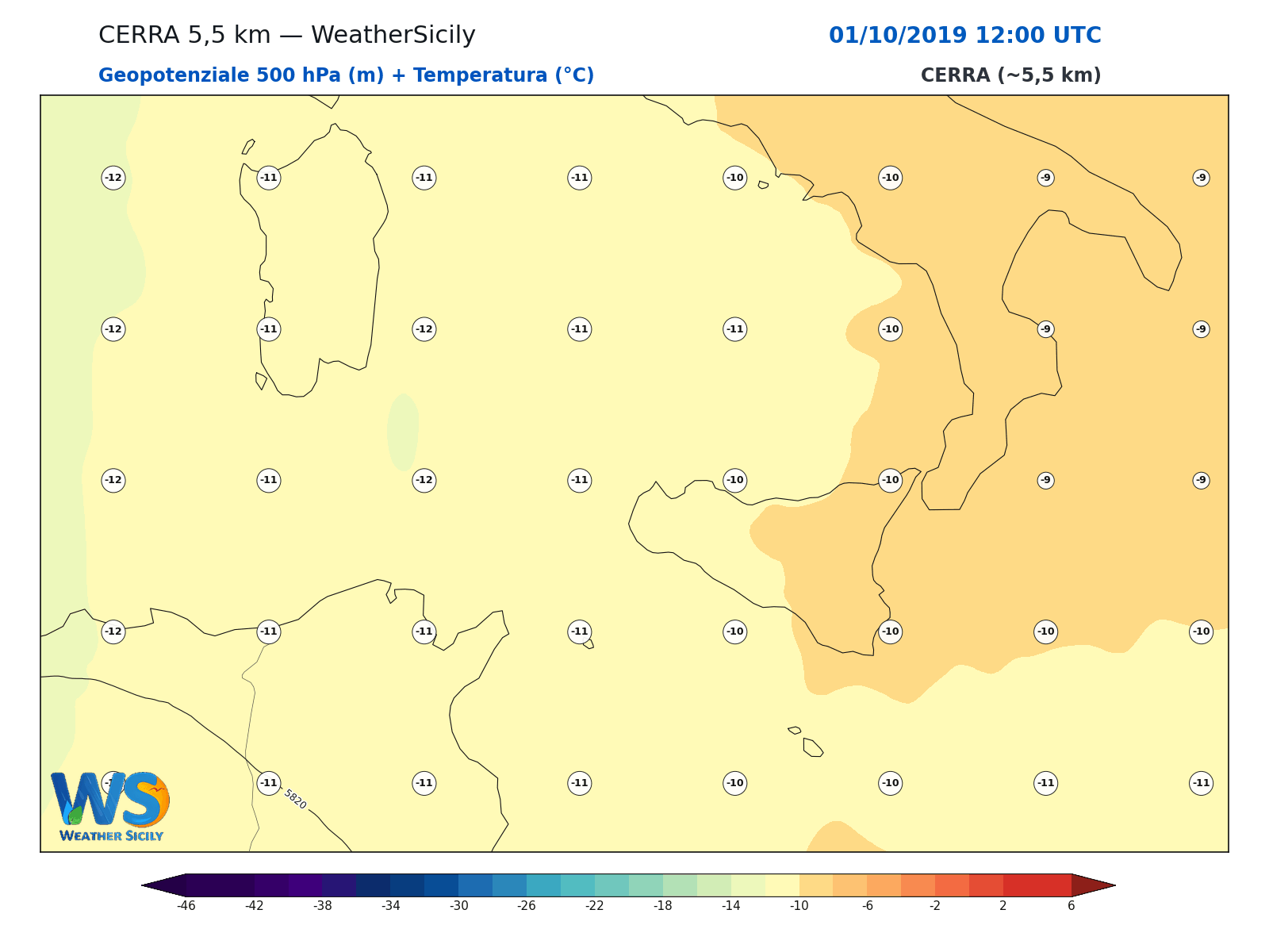 Geopotenziale 500 hPa + Temperatura · 2019100112