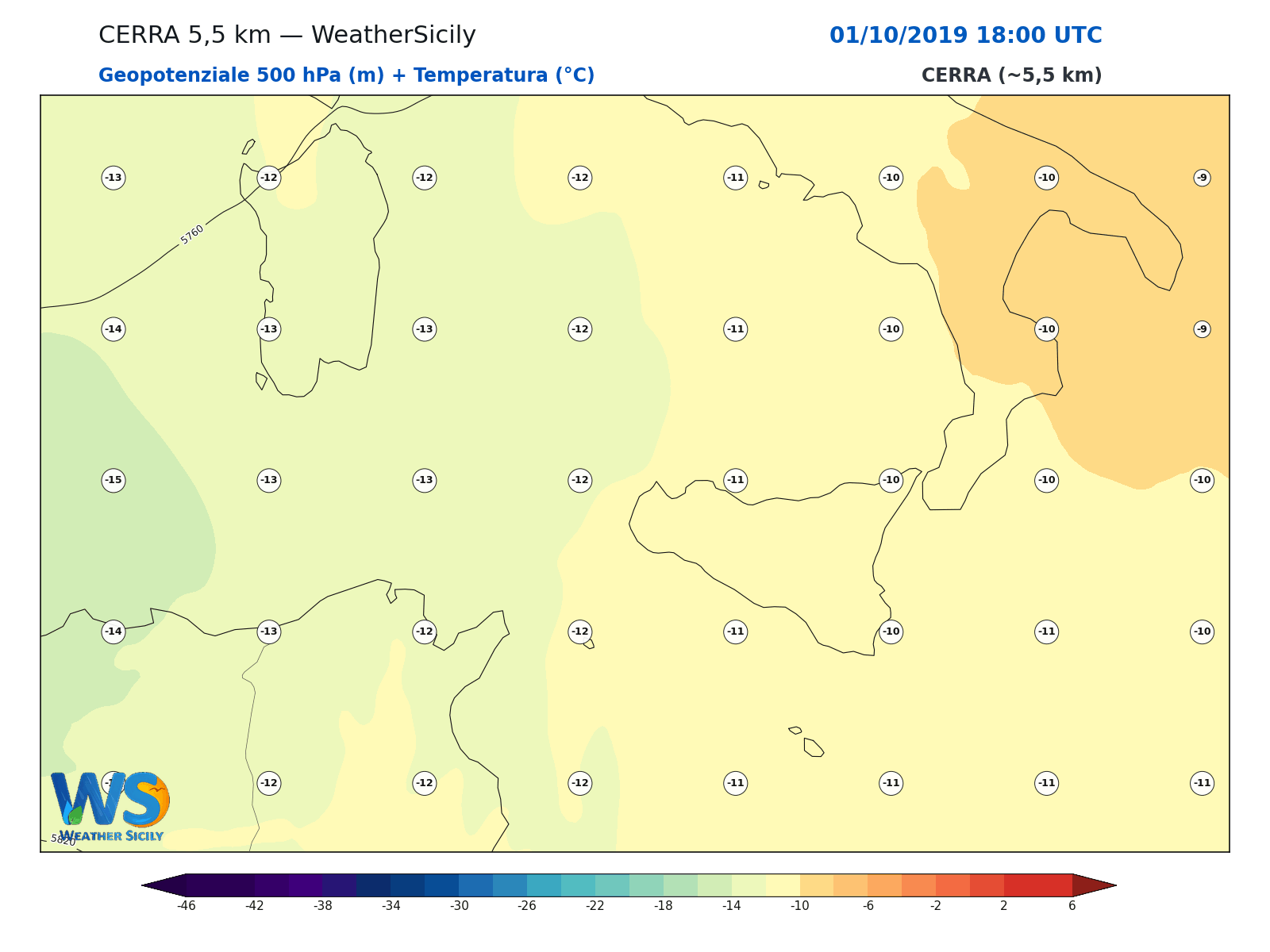 Geopotenziale 500 hPa + Temperatura · 2019100118