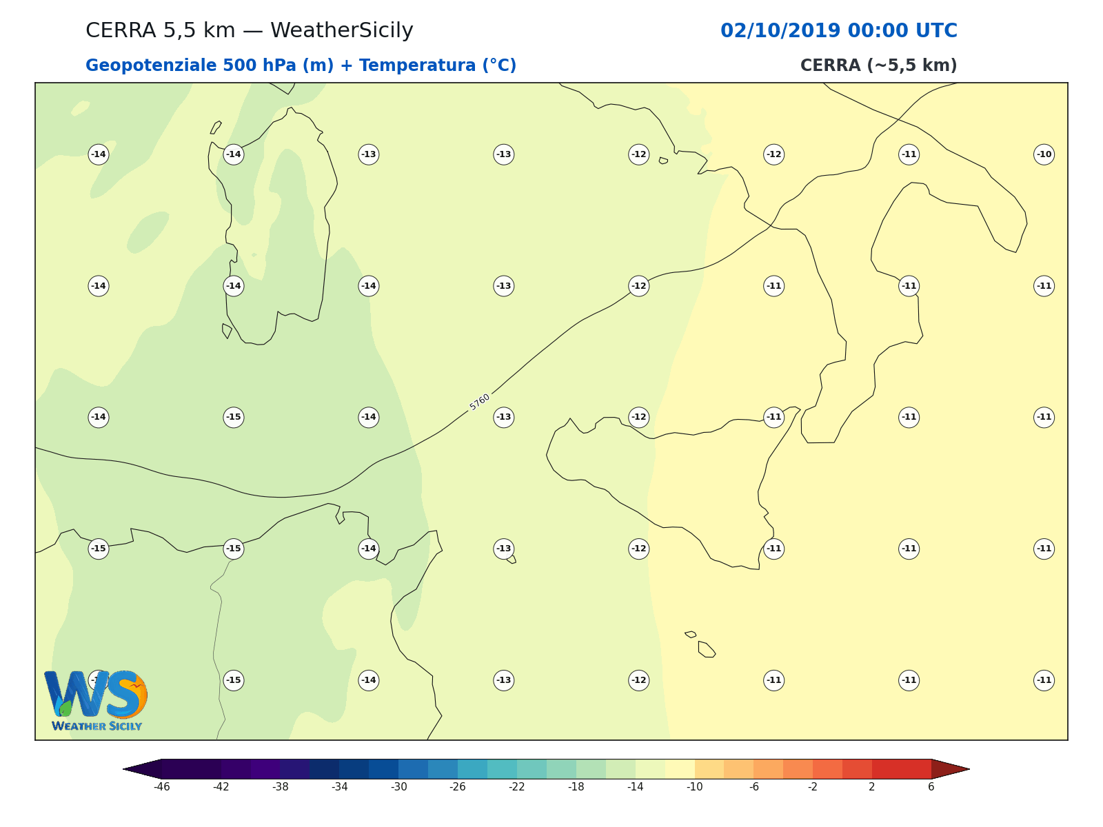 Geopotenziale 500 hPa + Temperatura · 2019100200
