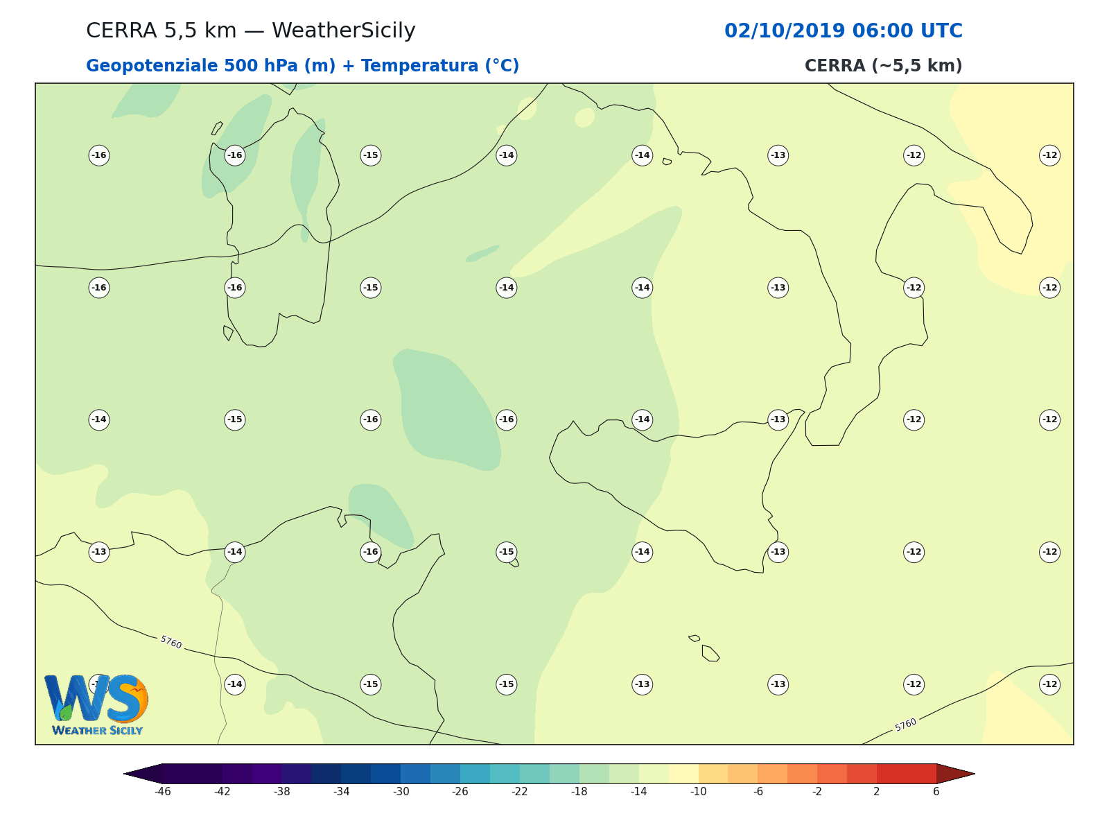 Geopotenziale 500 hPa + Temperatura · 2019100206
