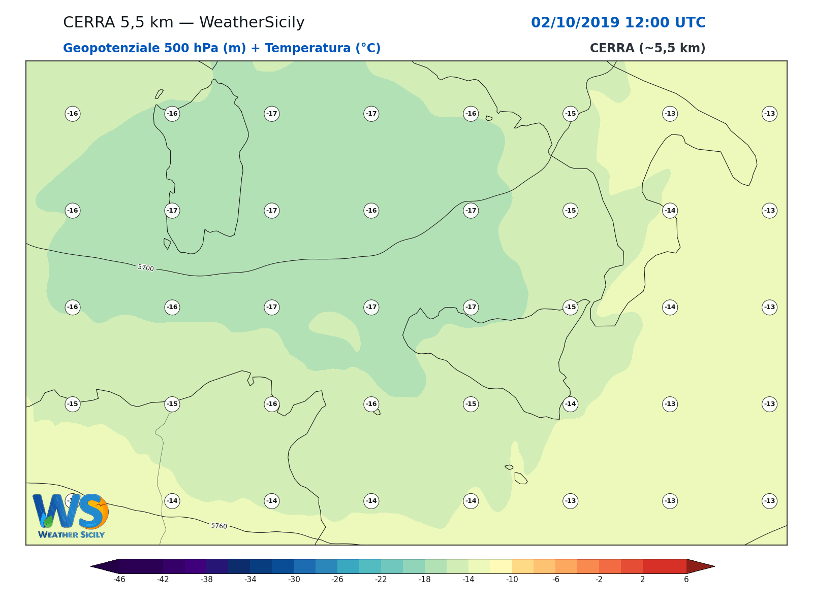 Geopotenziale 500 hPa + Temperatura · 2019100212