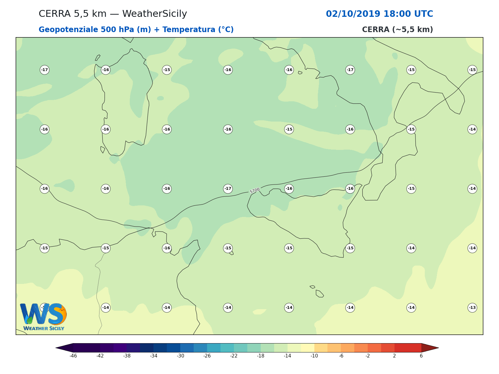 Geopotenziale 500 hPa + Temperatura · 2019100218