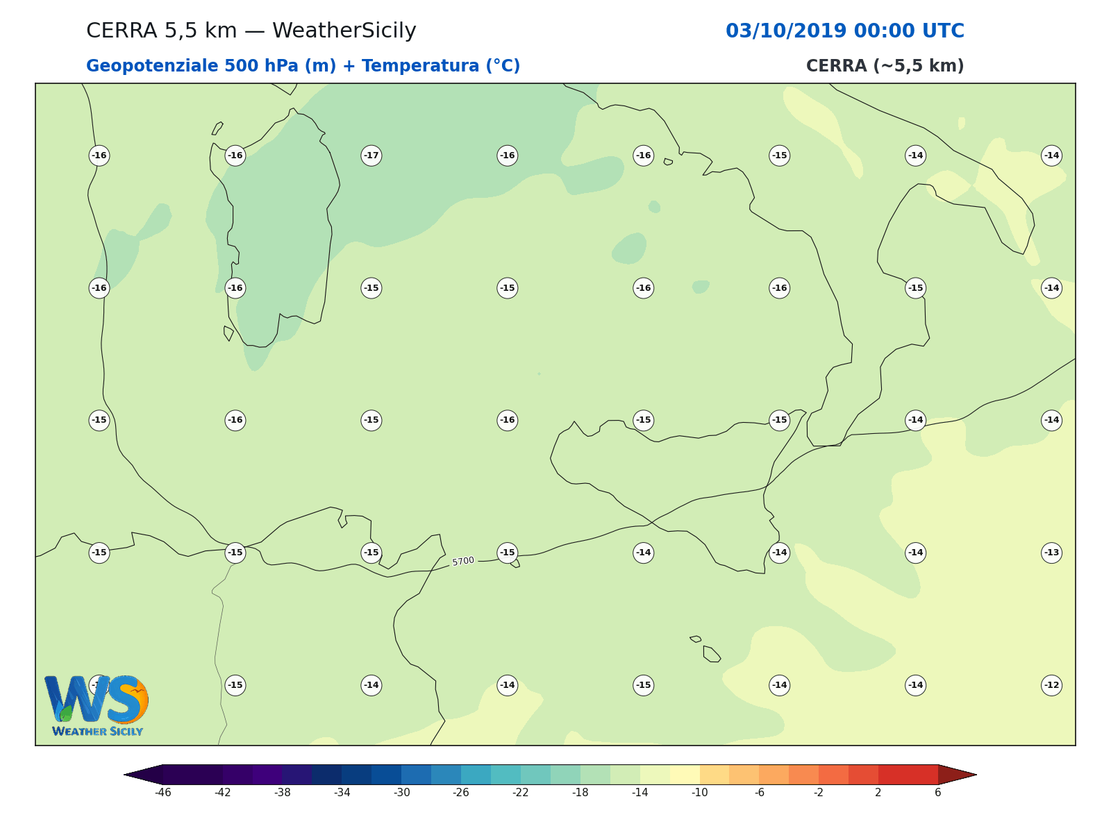 Geopotenziale 500 hPa + Temperatura · 2019100300