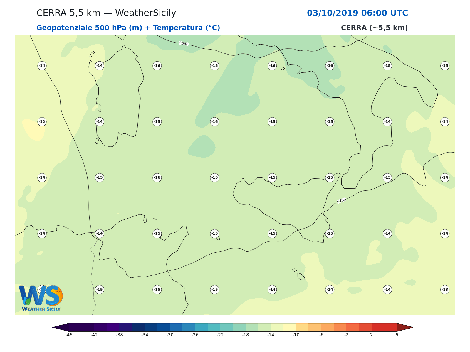 Geopotenziale 500 hPa + Temperatura · 2019100306