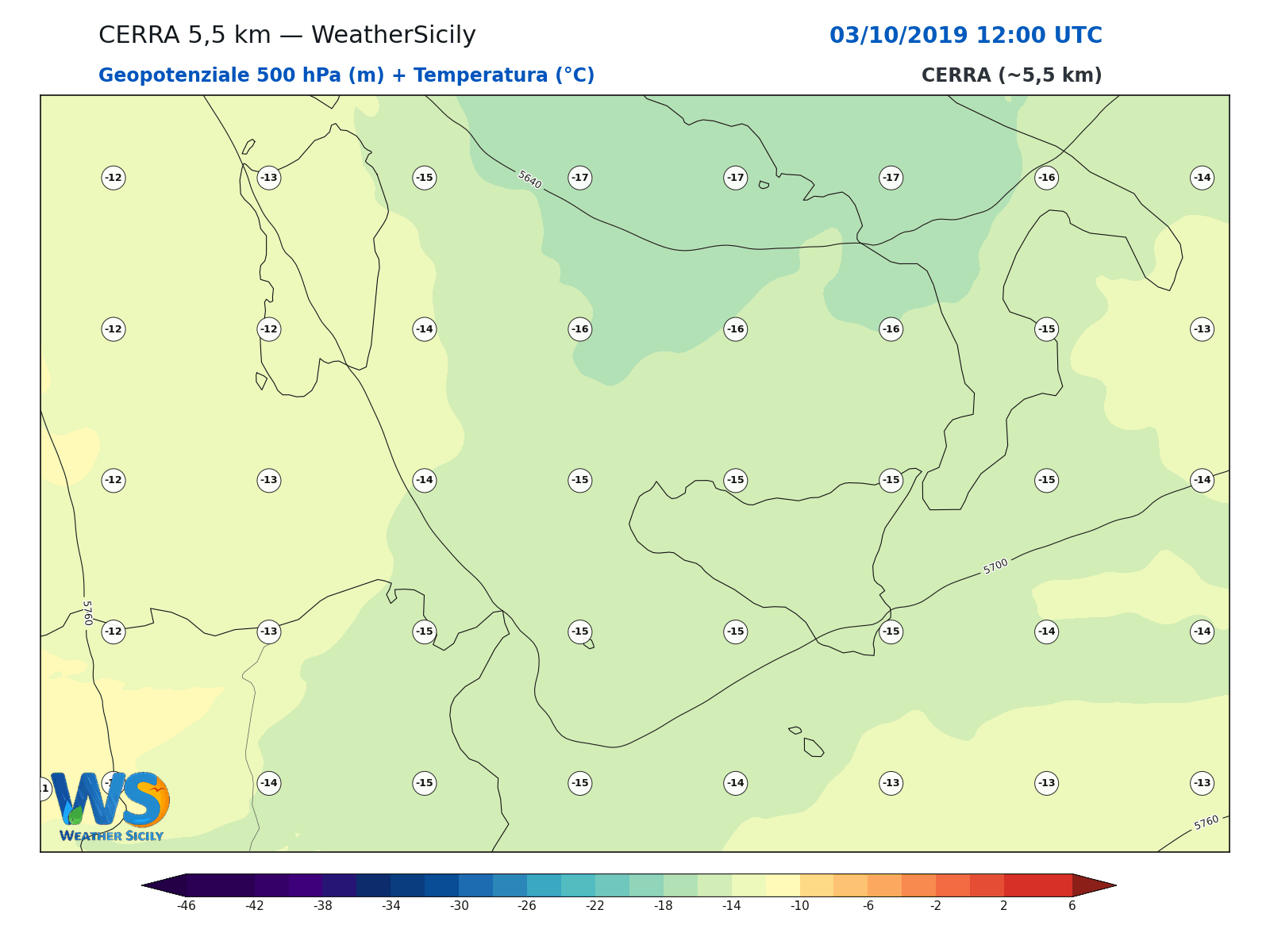 Geopotenziale 500 hPa + Temperatura · 2019100312