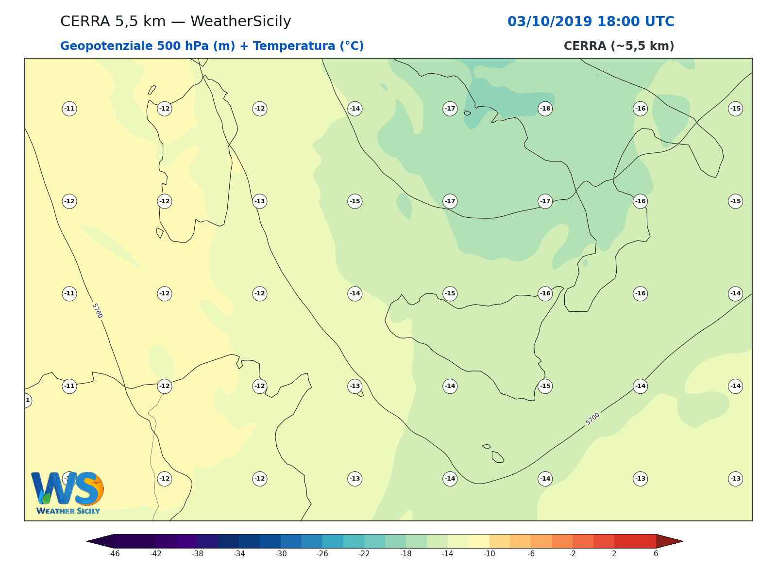 Geopotenziale 500 hPa + Temperatura · 2019100318