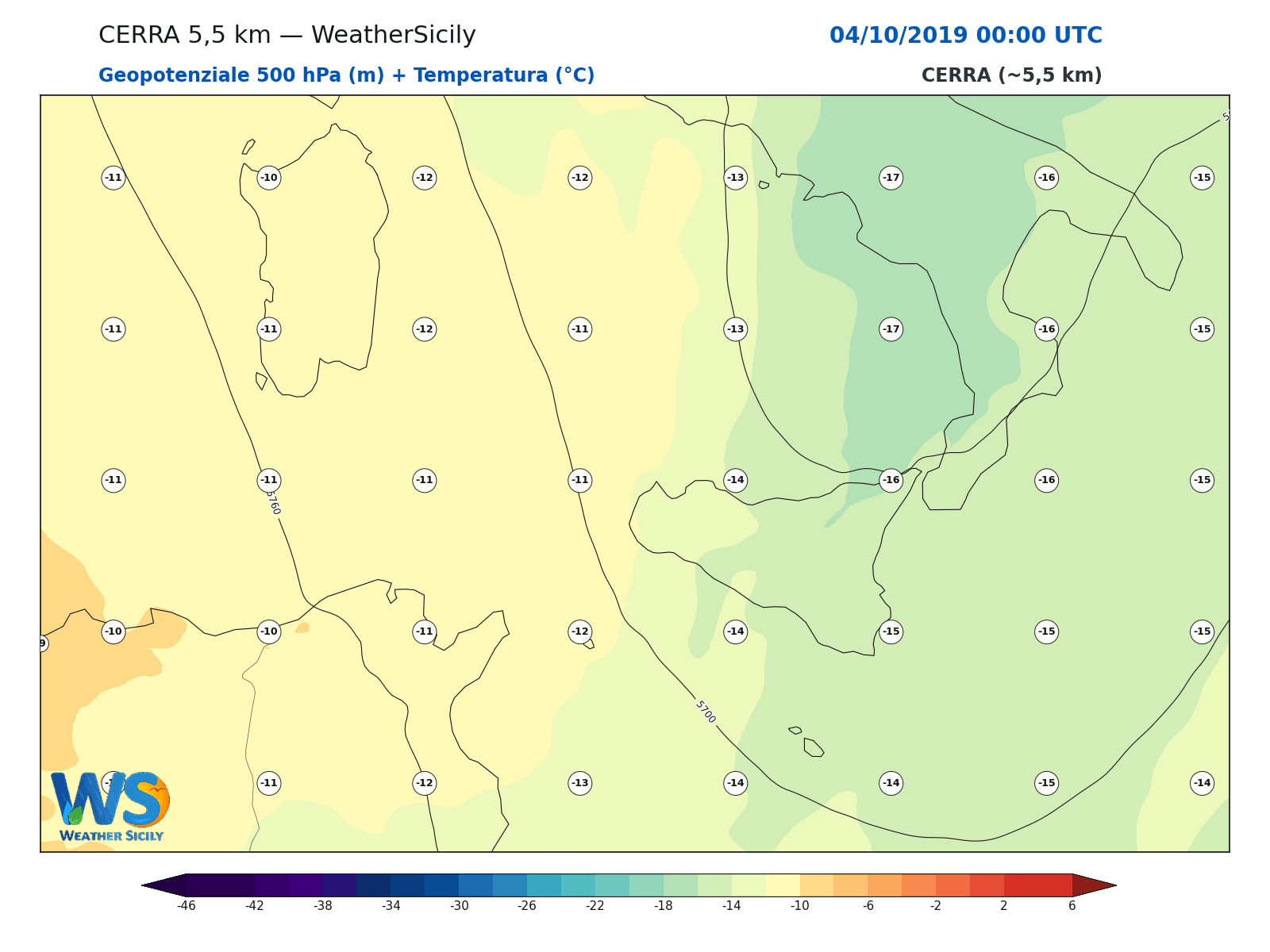Geopotenziale 500 hPa + Temperatura · 2019100400
